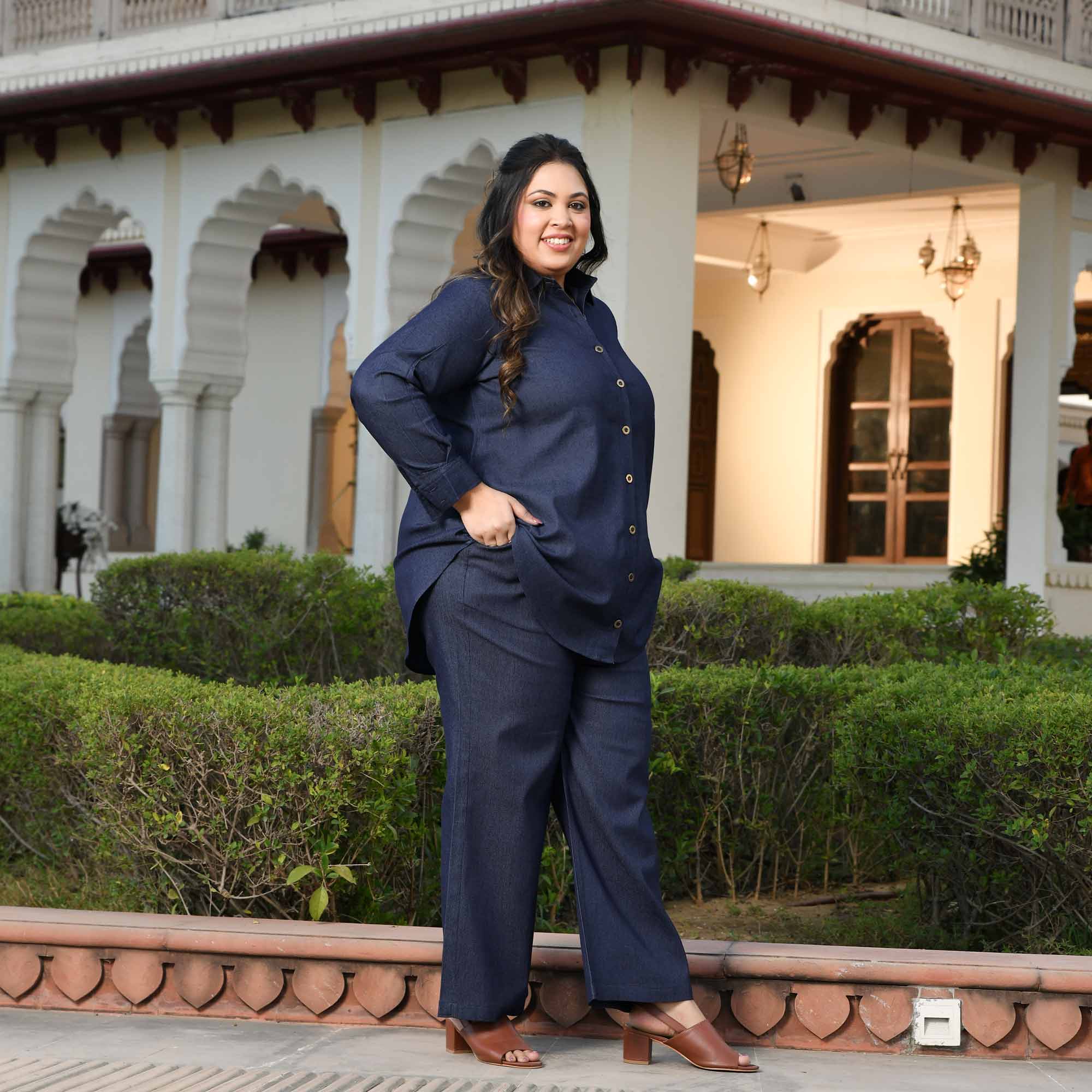 Rom-Com - Deep Blue Denim Lycra Shirt Co-Ord Set