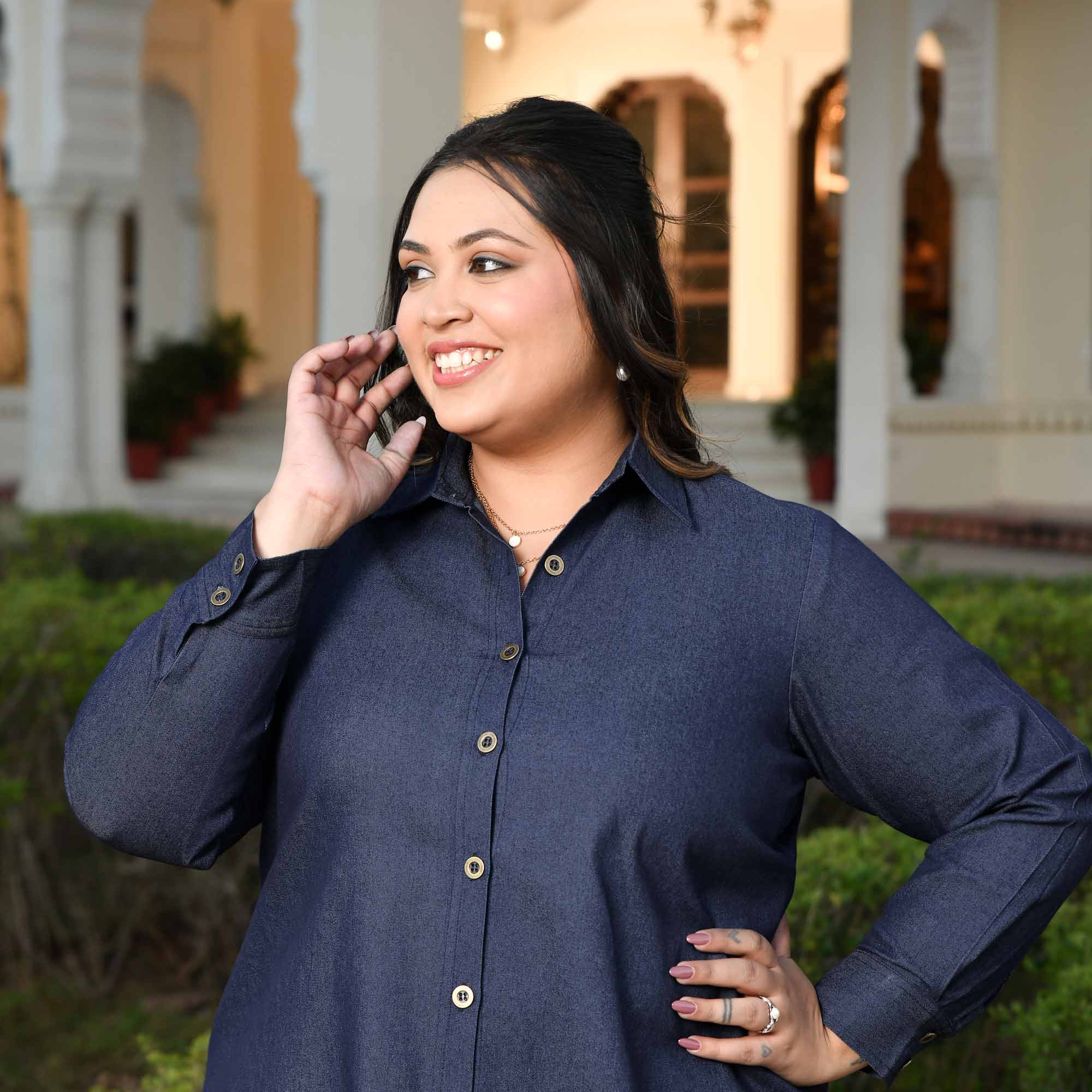 Rom-Com - Deep Blue Denim Lycra Shirt Co-Ord Set