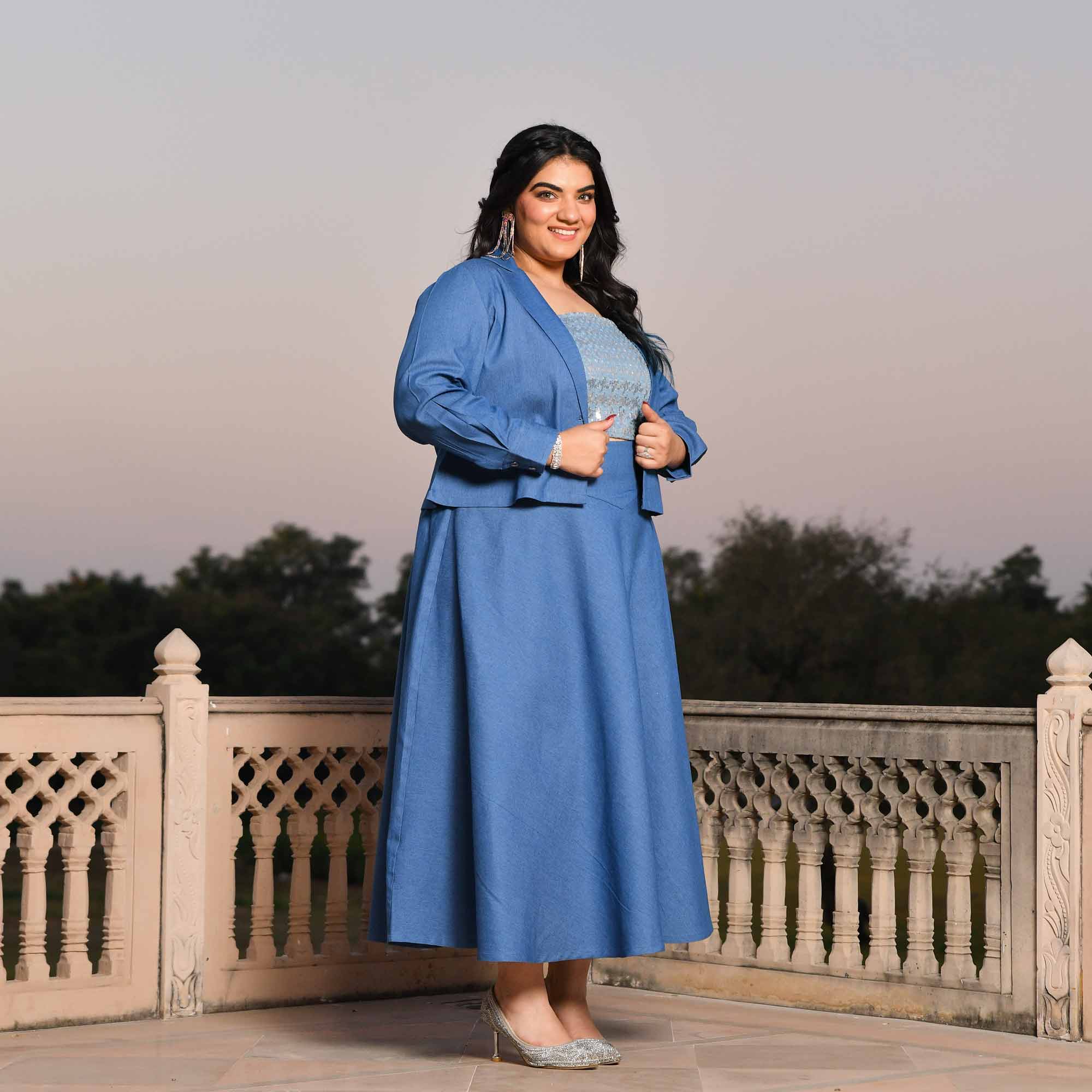 Paris- Medium Blue Denim Lycra Sequin Embellished Skirt Jacket Set