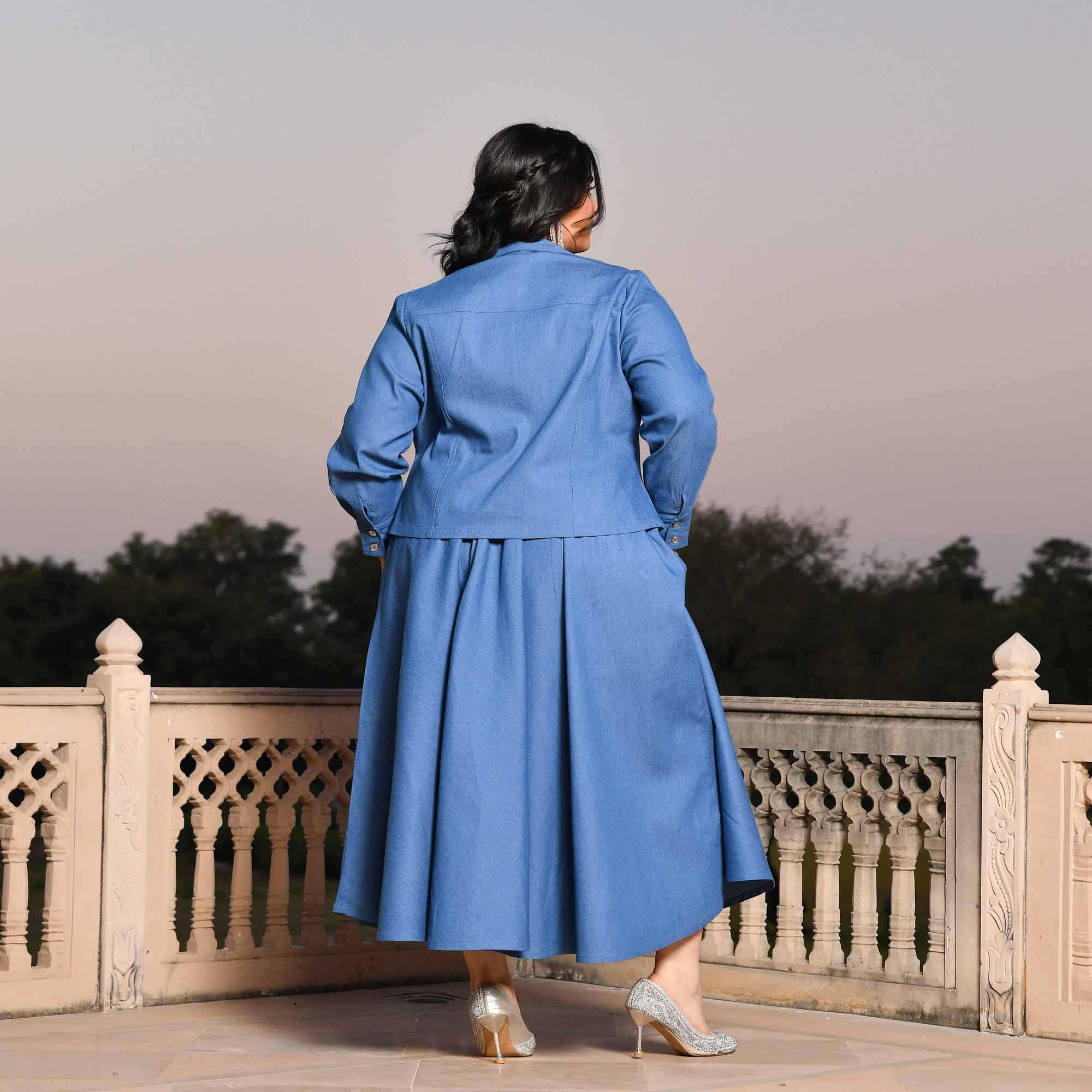 Paris- Medium Blue Denim Lycra Sequin Embellished Skirt Jacket Set