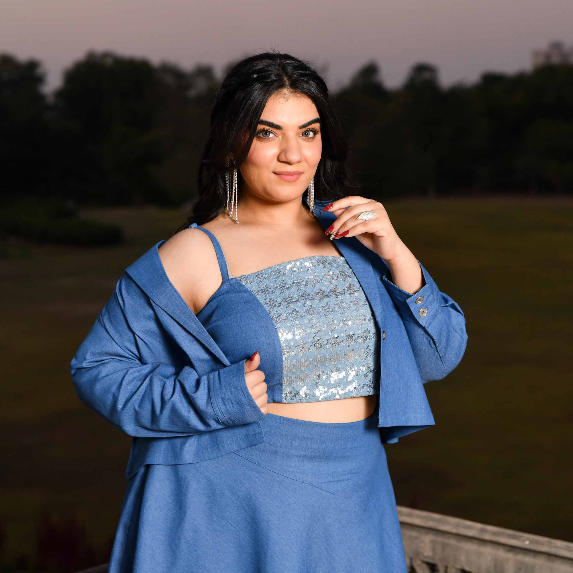 Paris- Medium Blue Denim Lycra Sequin Embellished Skirt Jacket Set