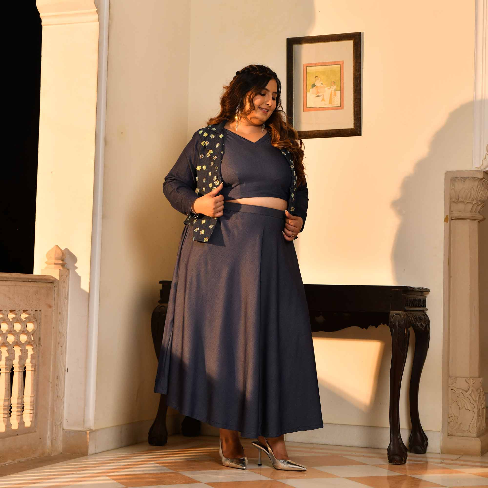 City Light- Deep Blue Denim Sequin Embellished Skirt Jacket Set