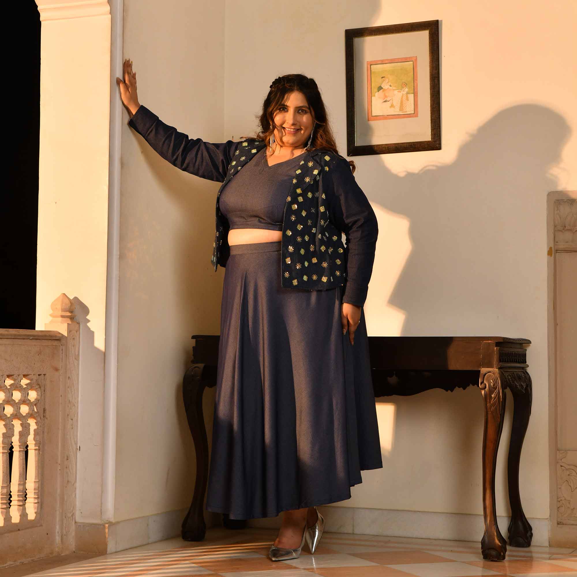 City Light- Deep Blue Denim Sequin Embellished Skirt Jacket Set