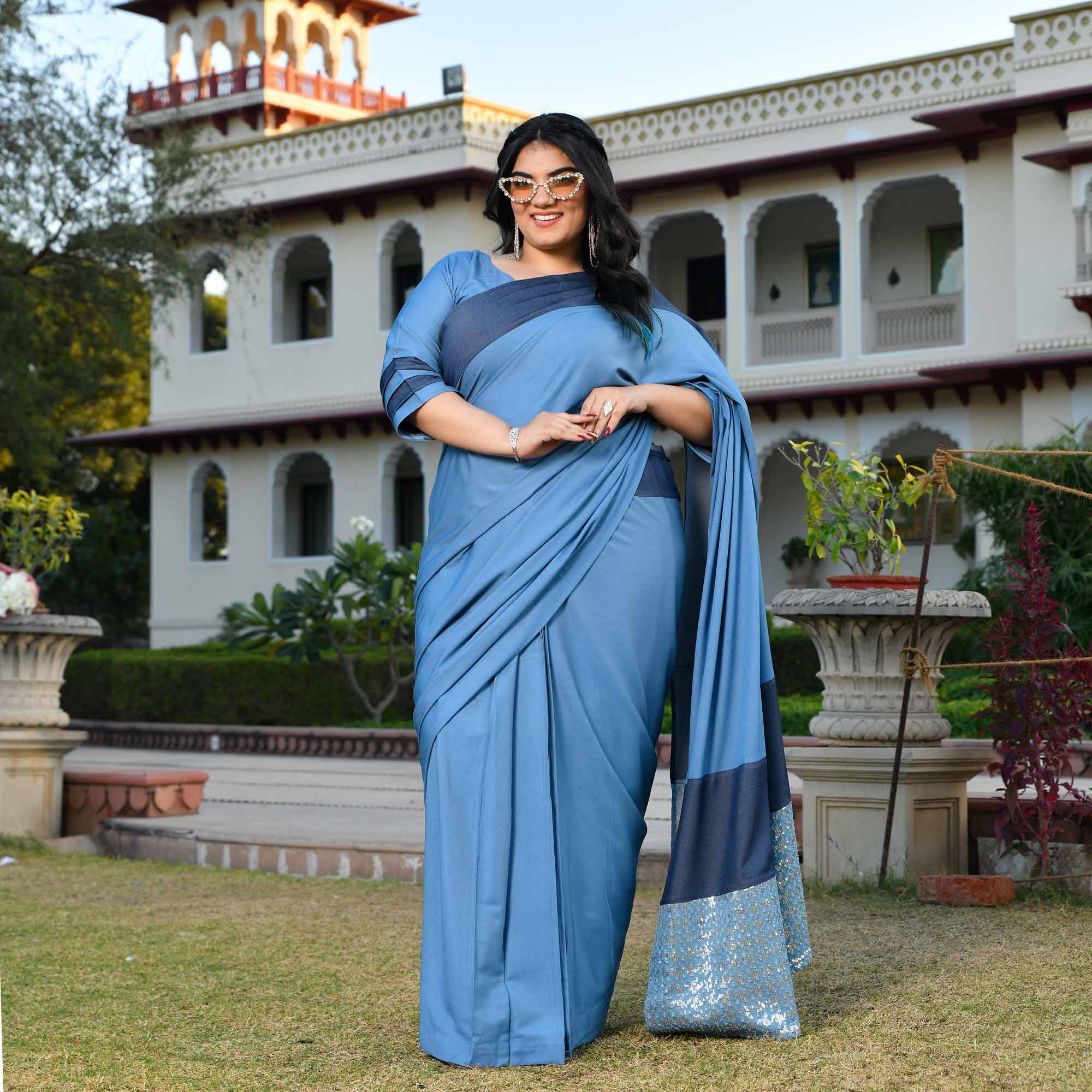 Indie Star- Medium Blue Denim Sequin Embellished Drape Saree Set