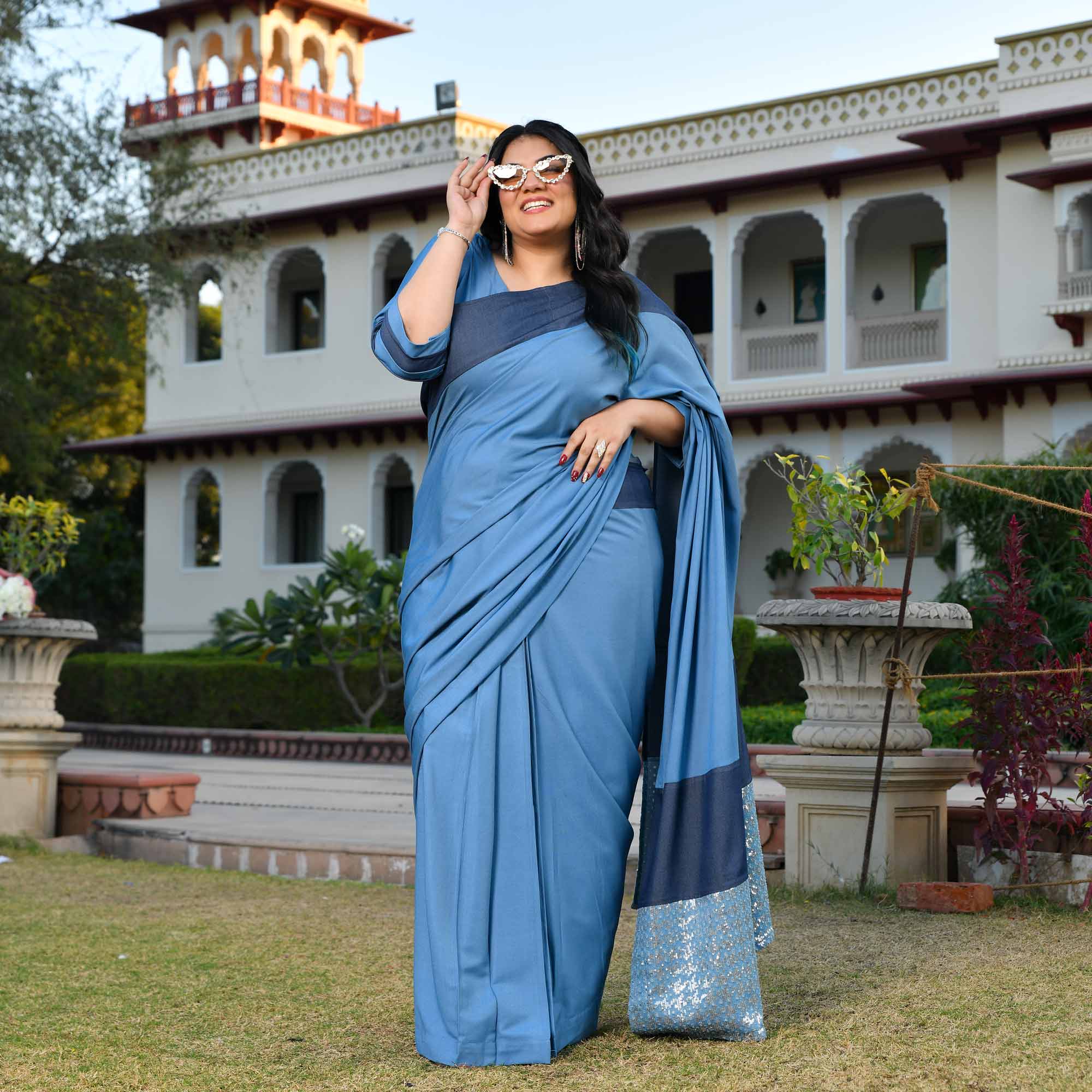 Indie Star- Medium Blue Denim Sequin Embellished Drape Saree Set