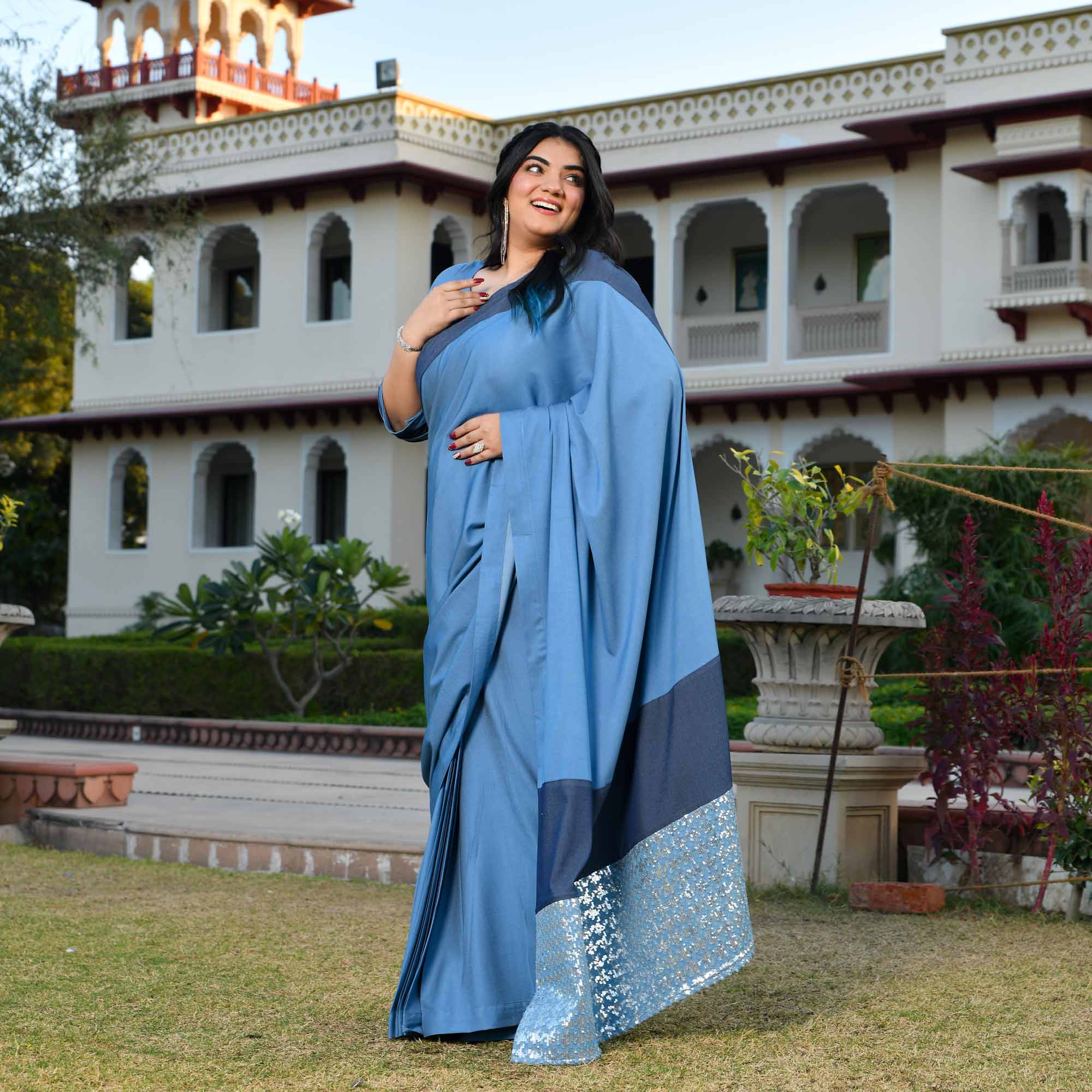 Indie Star- Medium Blue Denim Sequin Embellished Drape Saree Set