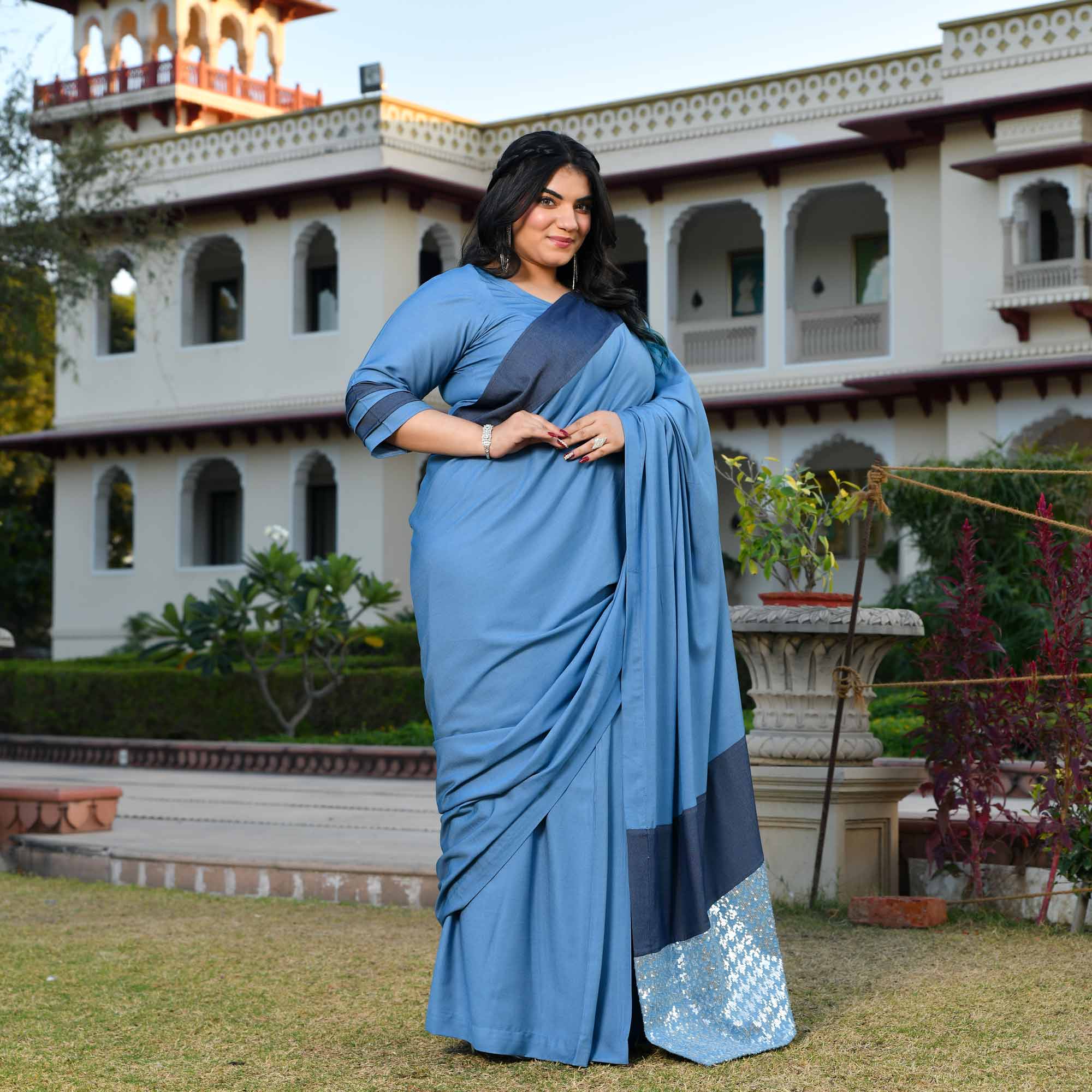 Indie Star- Medium Blue Denim Sequin Embellished Drape Saree Set