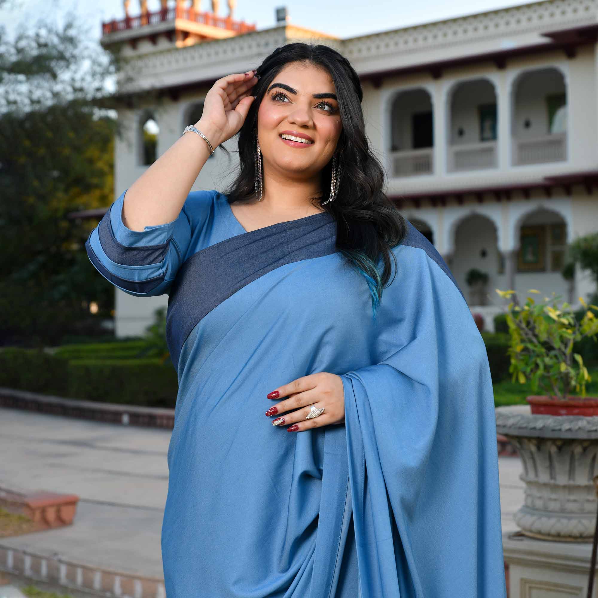 Indie Star- Medium Blue Denim Sequin Embellished Drape Saree Set