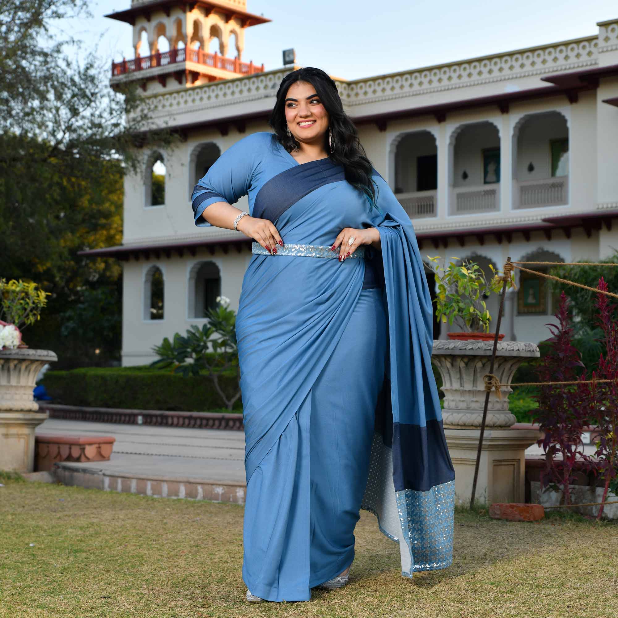 Indie Star- Medium Blue Denim Sequin Embellished Drape Saree Set