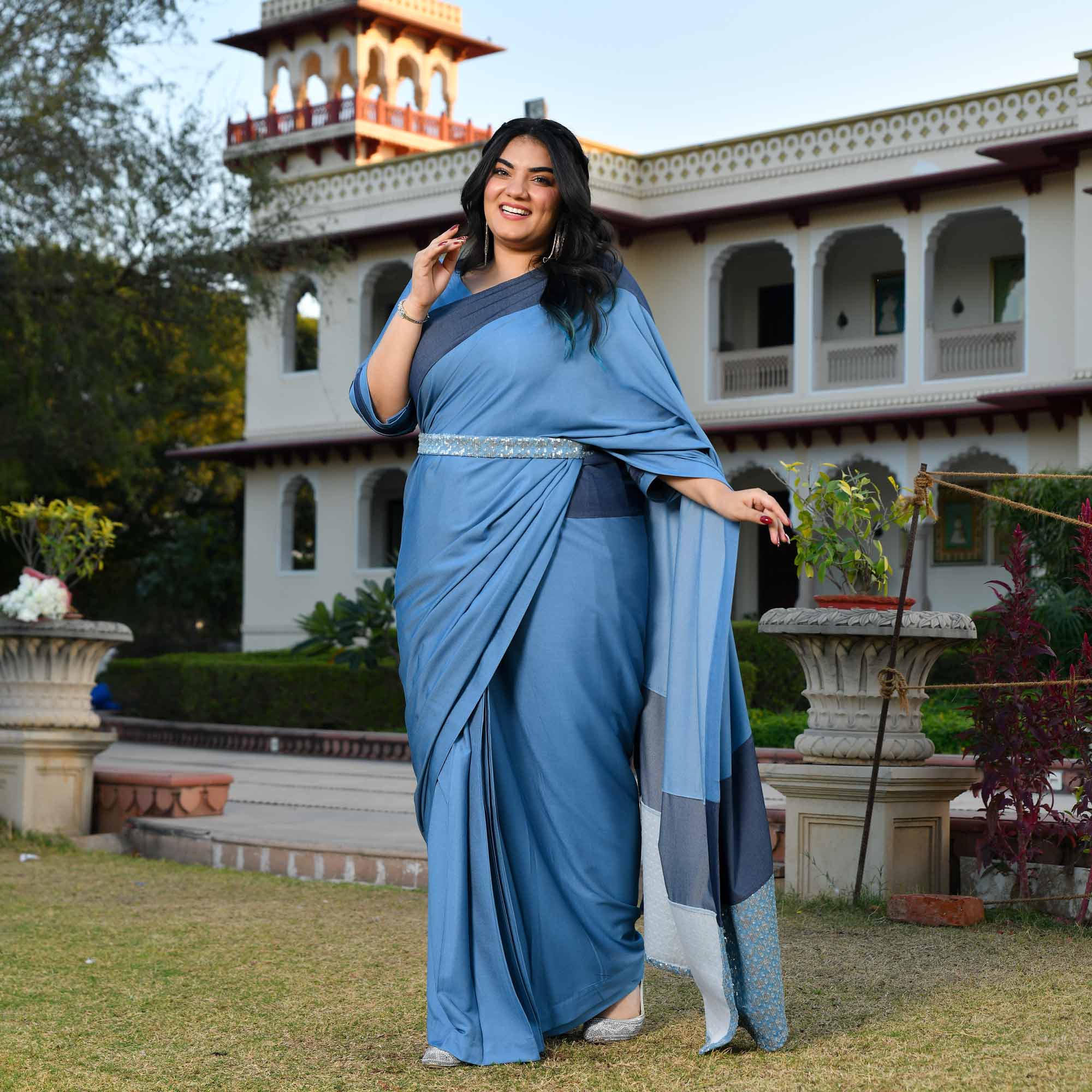 Indie Star- Medium Blue Denim Sequin Embellished Drape Saree Set