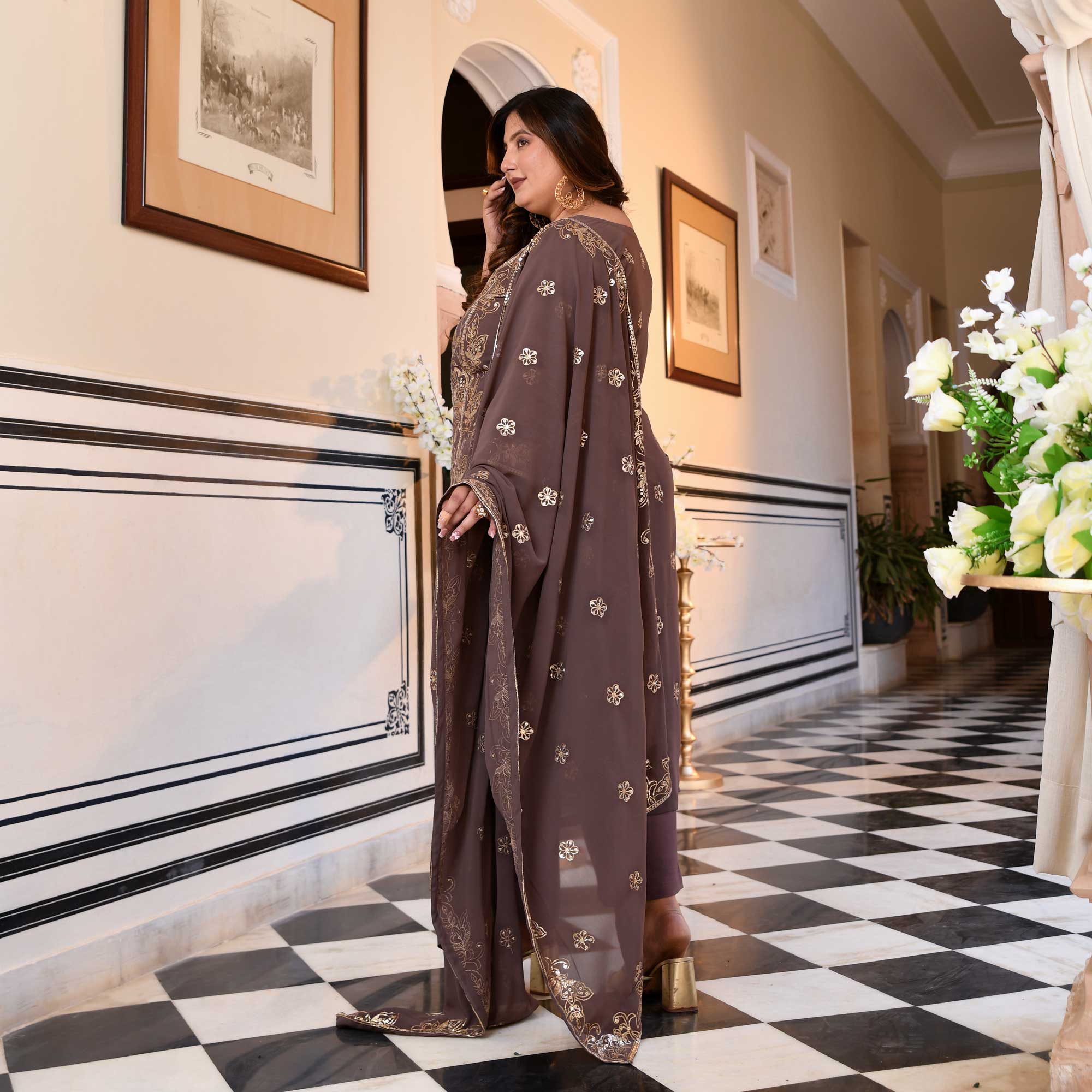 Ishani- Dusky Mauve Sequin Embroidered Georgette Suit Set