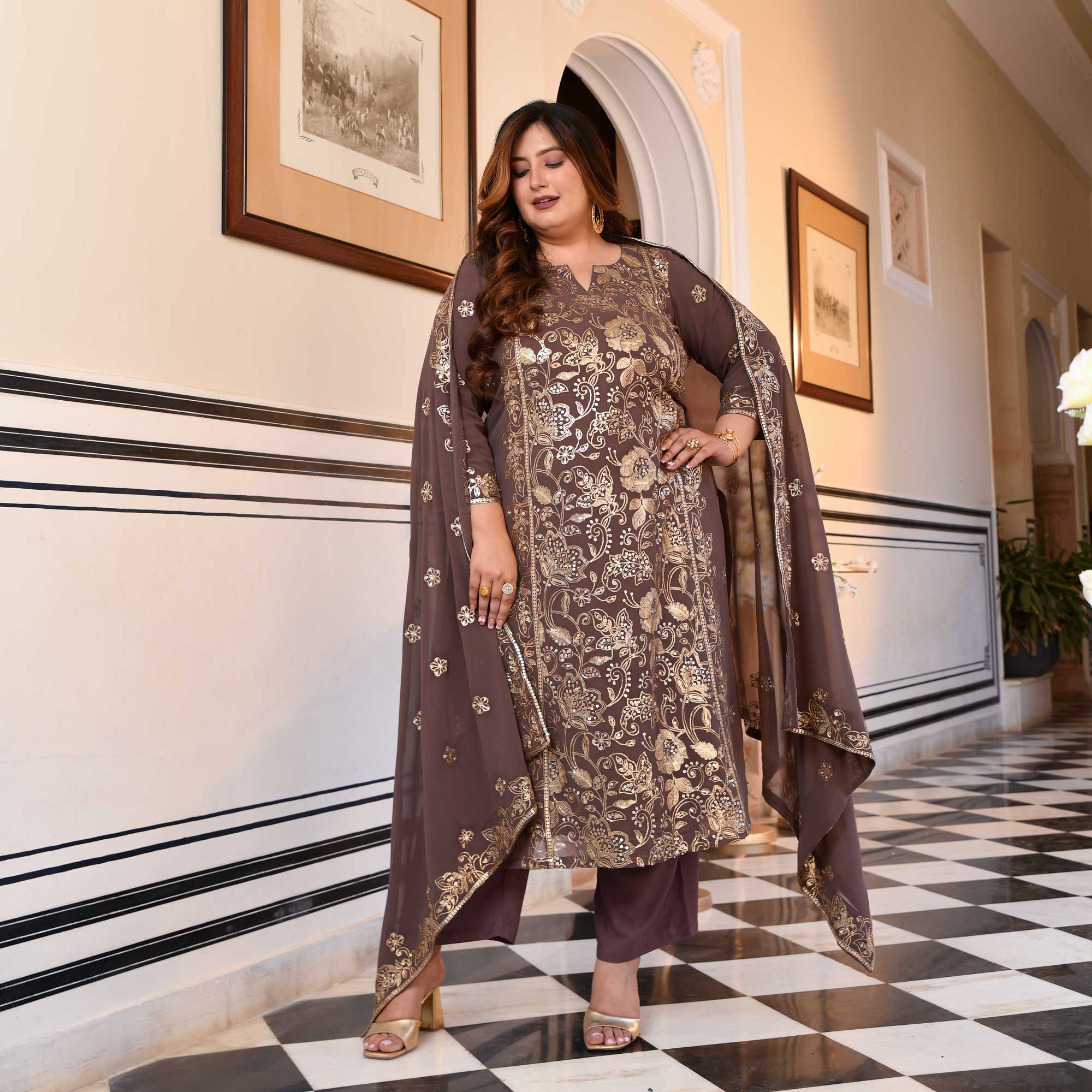 Ishani- Dusky Mauve Sequin Embroidered Georgette Suit Set