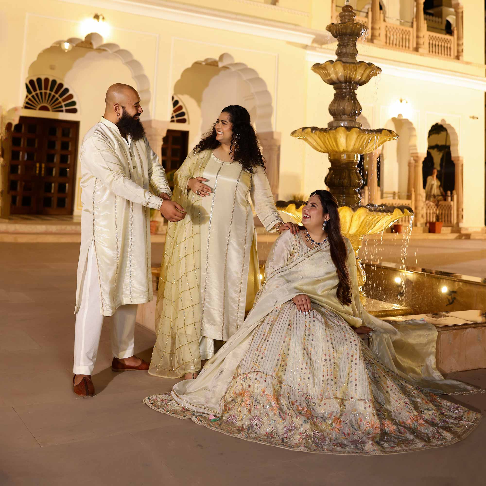 RAGINI Off-White & Gold Sequin Embroidered Pure Tissue Silk Anarkali Set