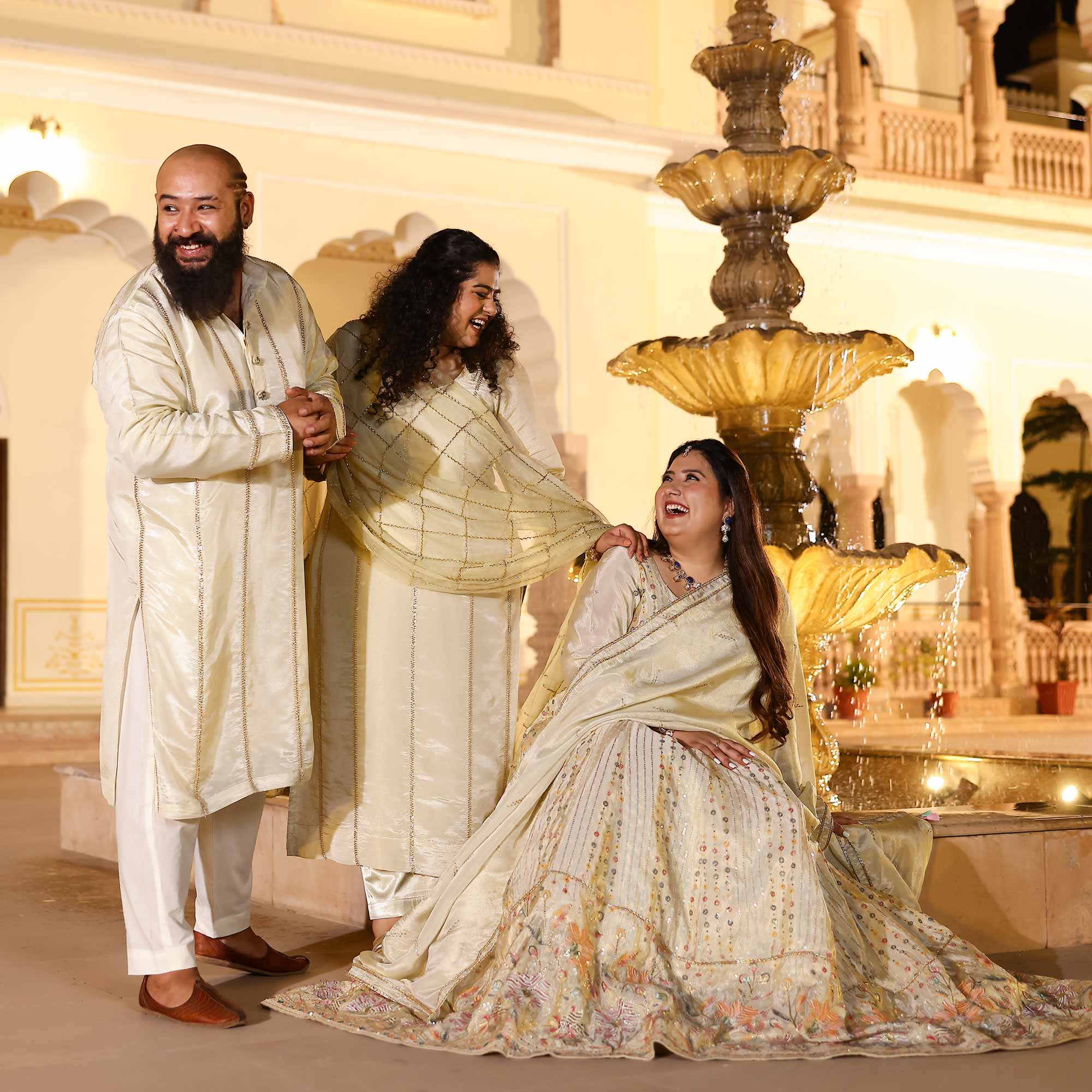 RAGINI Off-White & Gold Sequin Embroidered Pure Tissue Silk Anarkali Set