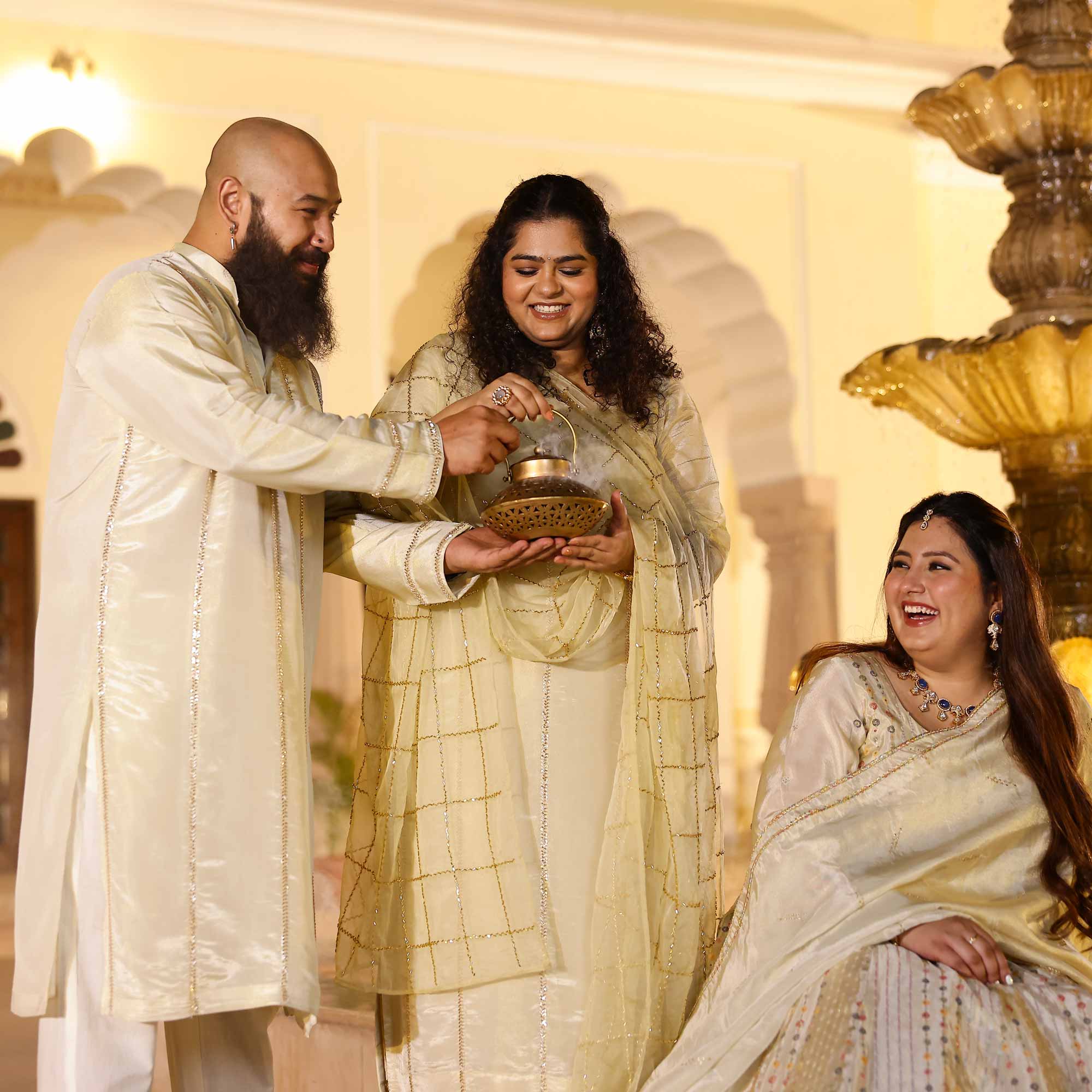 RAGINI Off-White & Gold Sequin Embroidered Pure Tissue Silk Anarkali Set