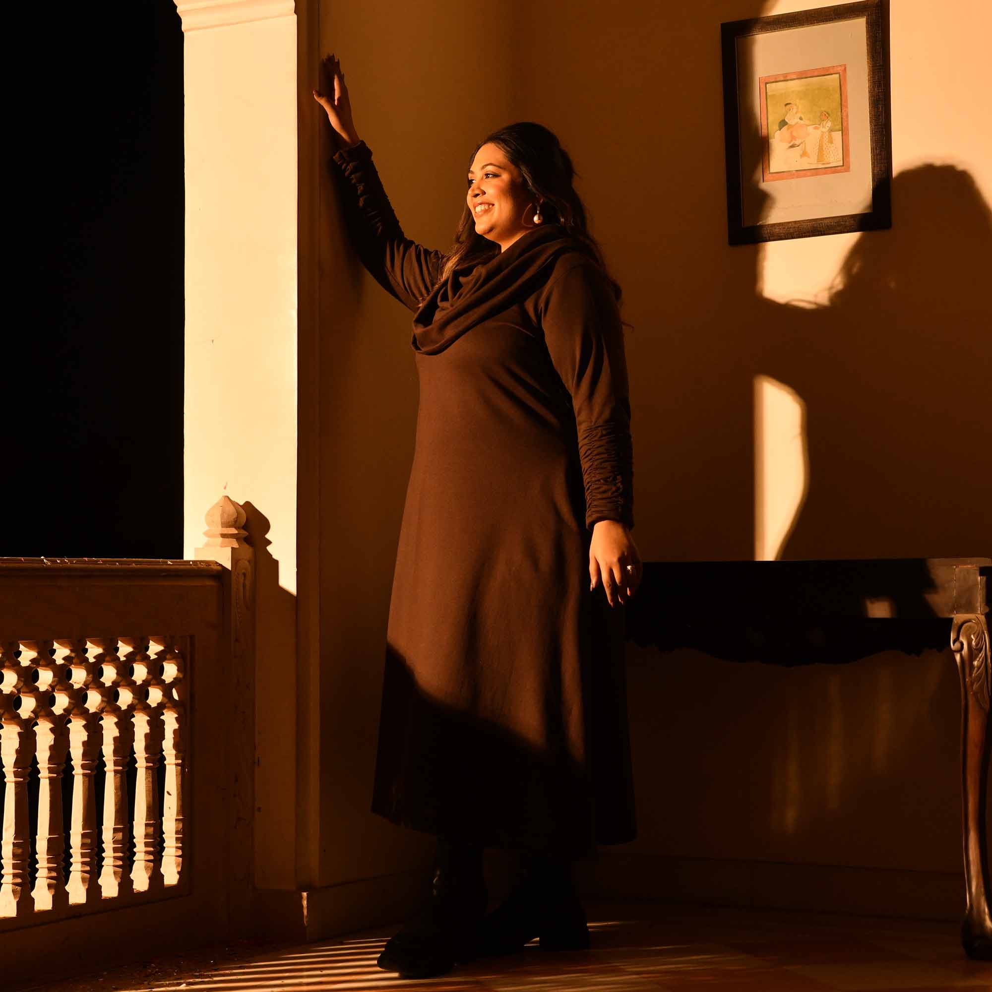 Nutella - Woollen Brown Fleece Brushed Aline Cowl Dress