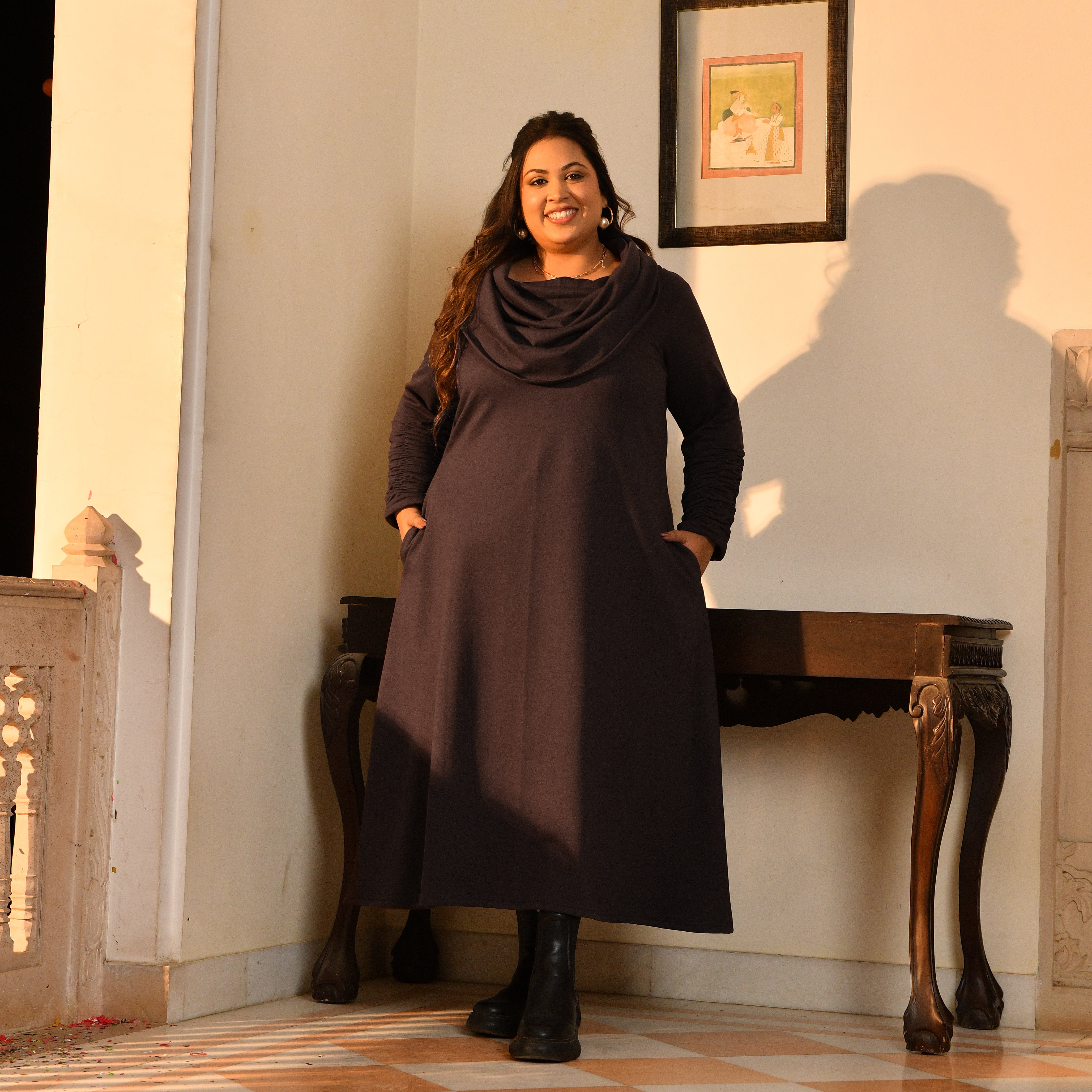 Nutella - Woollen Brown Fleece Brushed Aline Cowl Dress