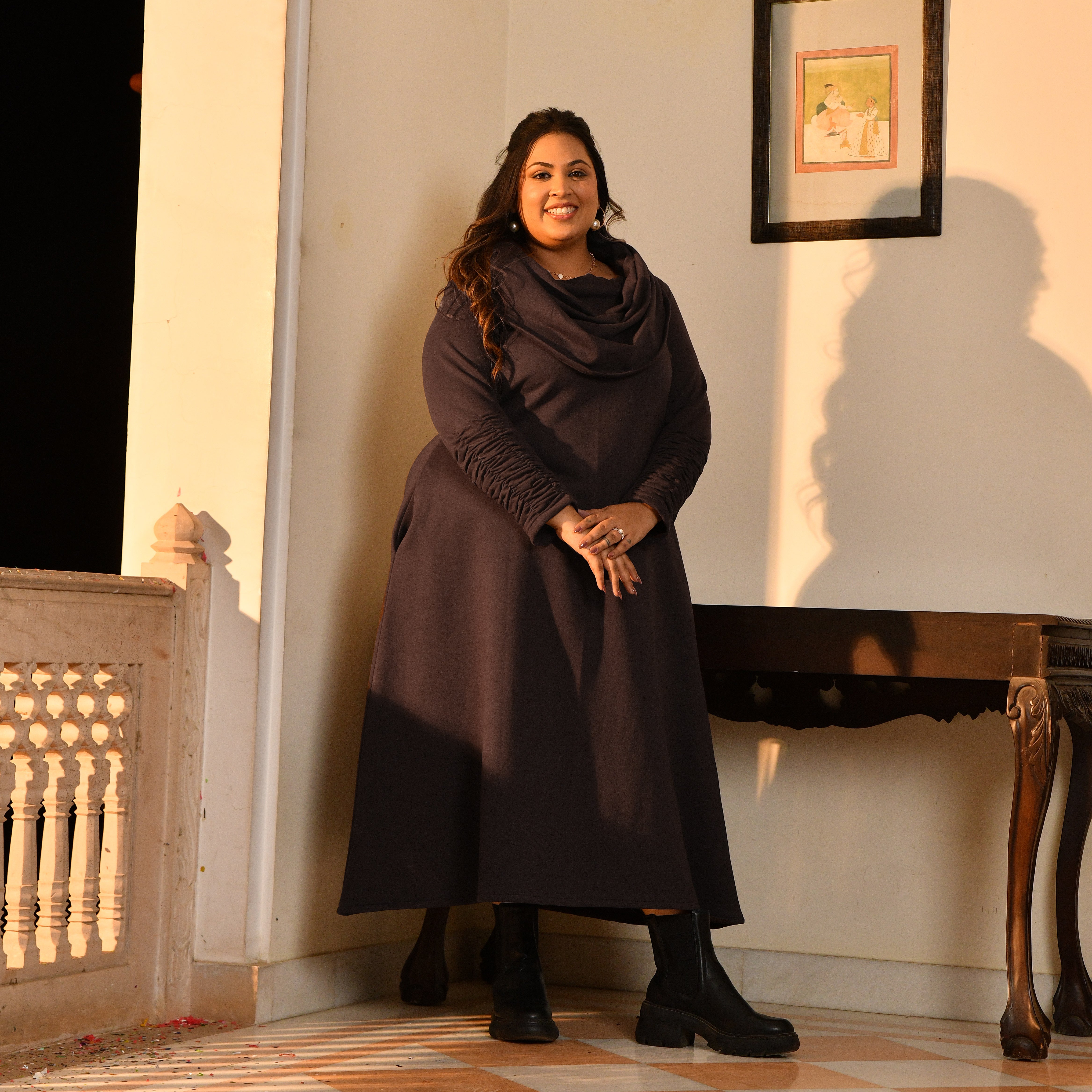 Nutella - Woollen Brown Fleece Brushed Aline Cowl Dress