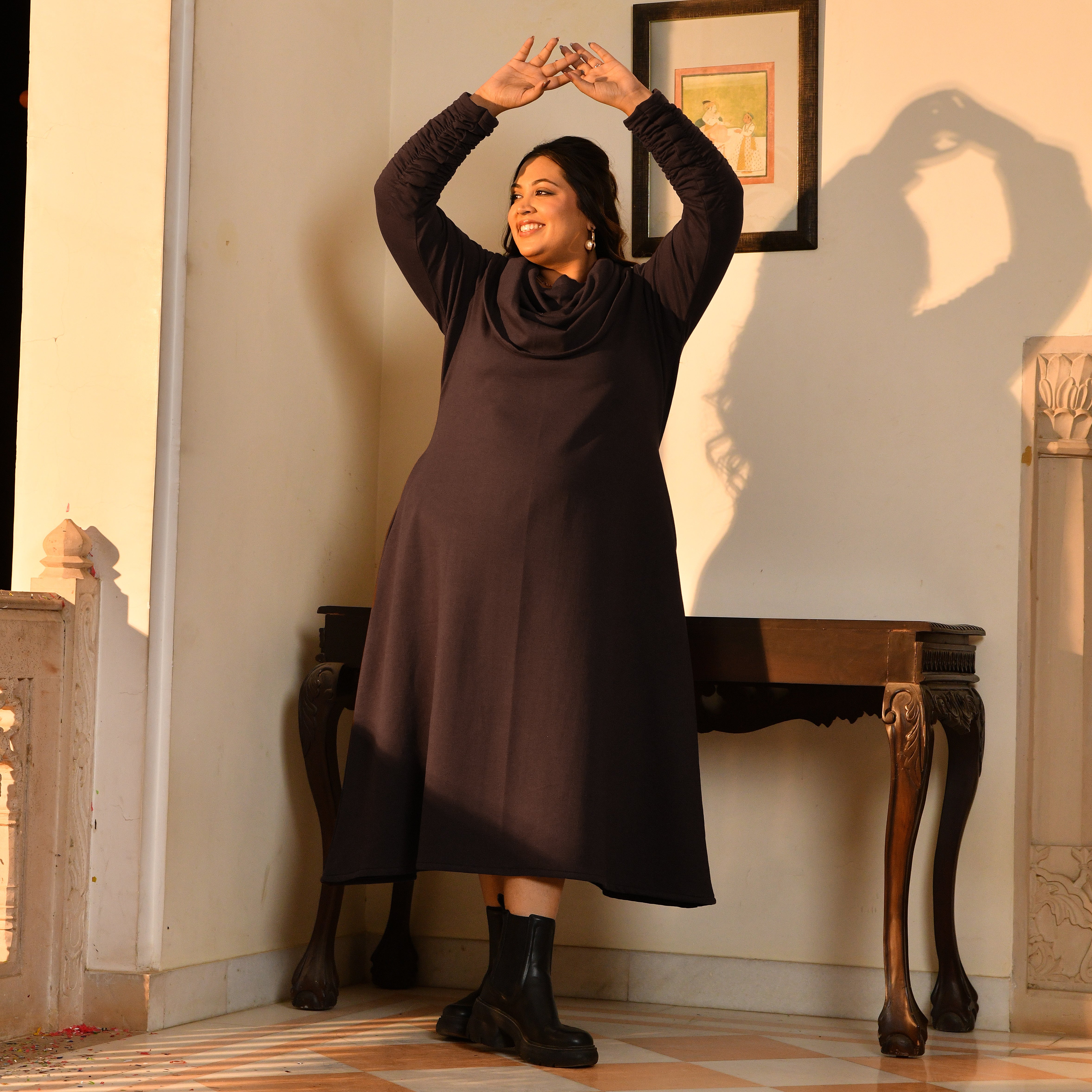 Nutella - Woollen Brown Fleece Brushed Aline Cowl Dress