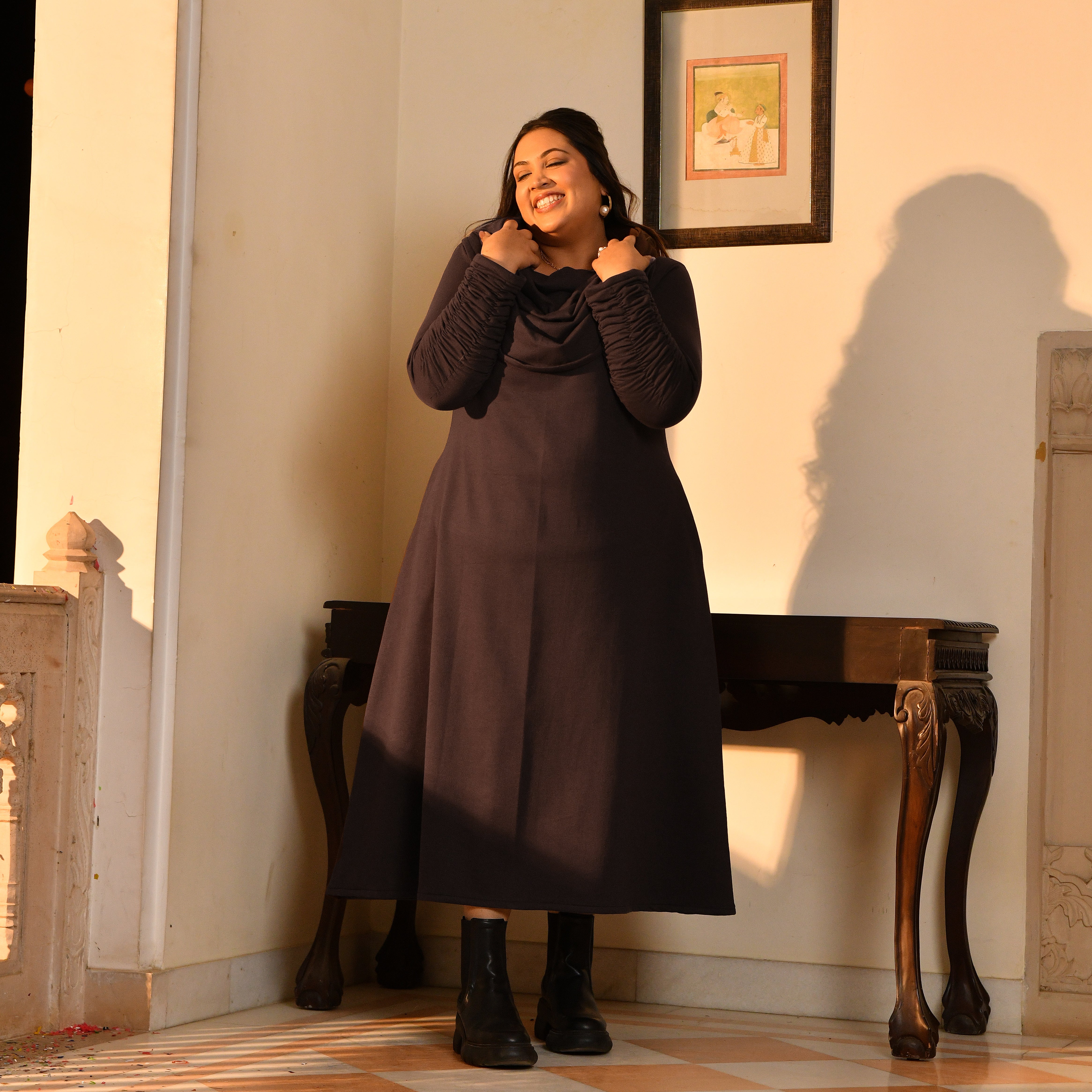 Nutella - Woollen Brown Fleece Brushed Aline Cowl Dress