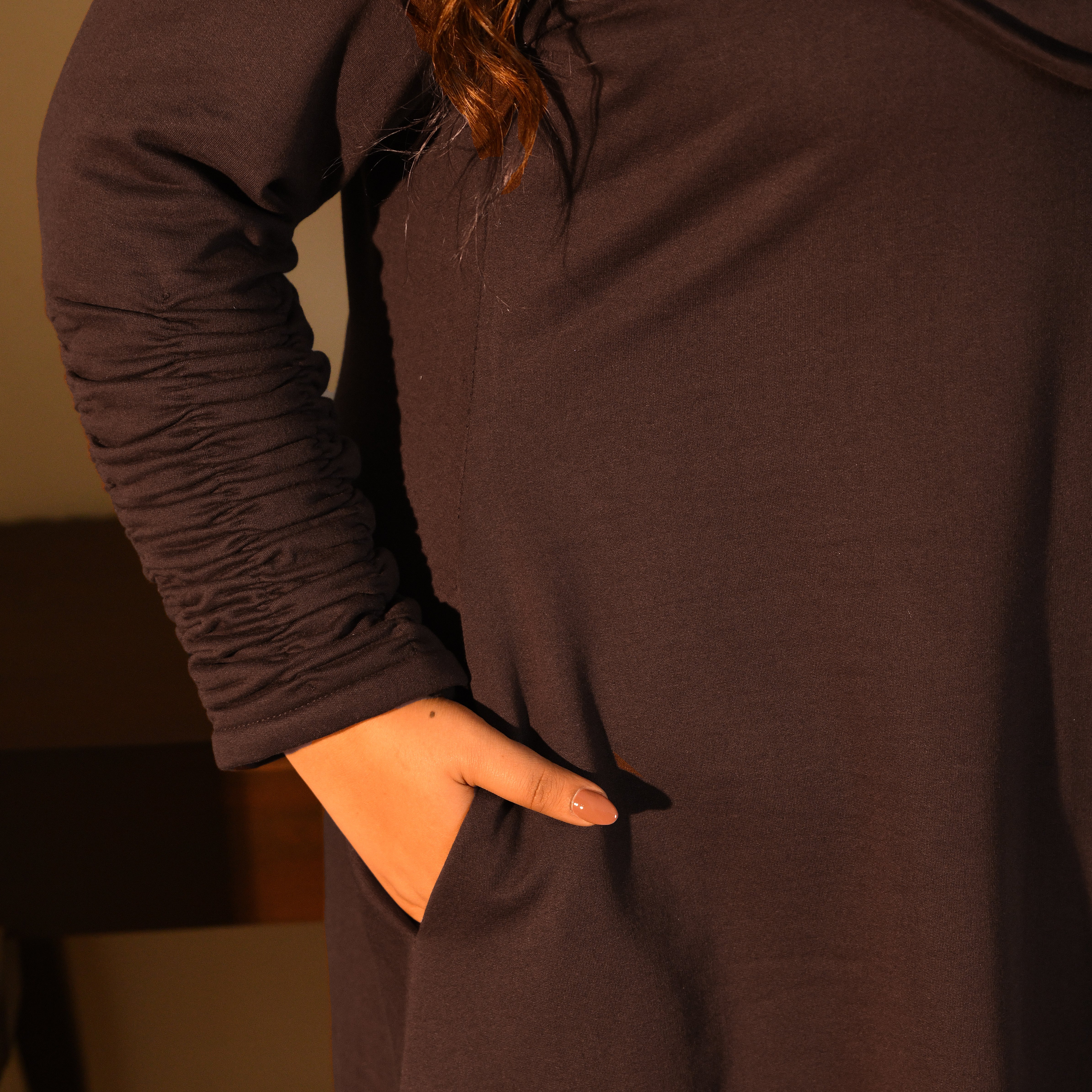 Nutella - Woollen Brown Fleece Brushed Aline Cowl Dress