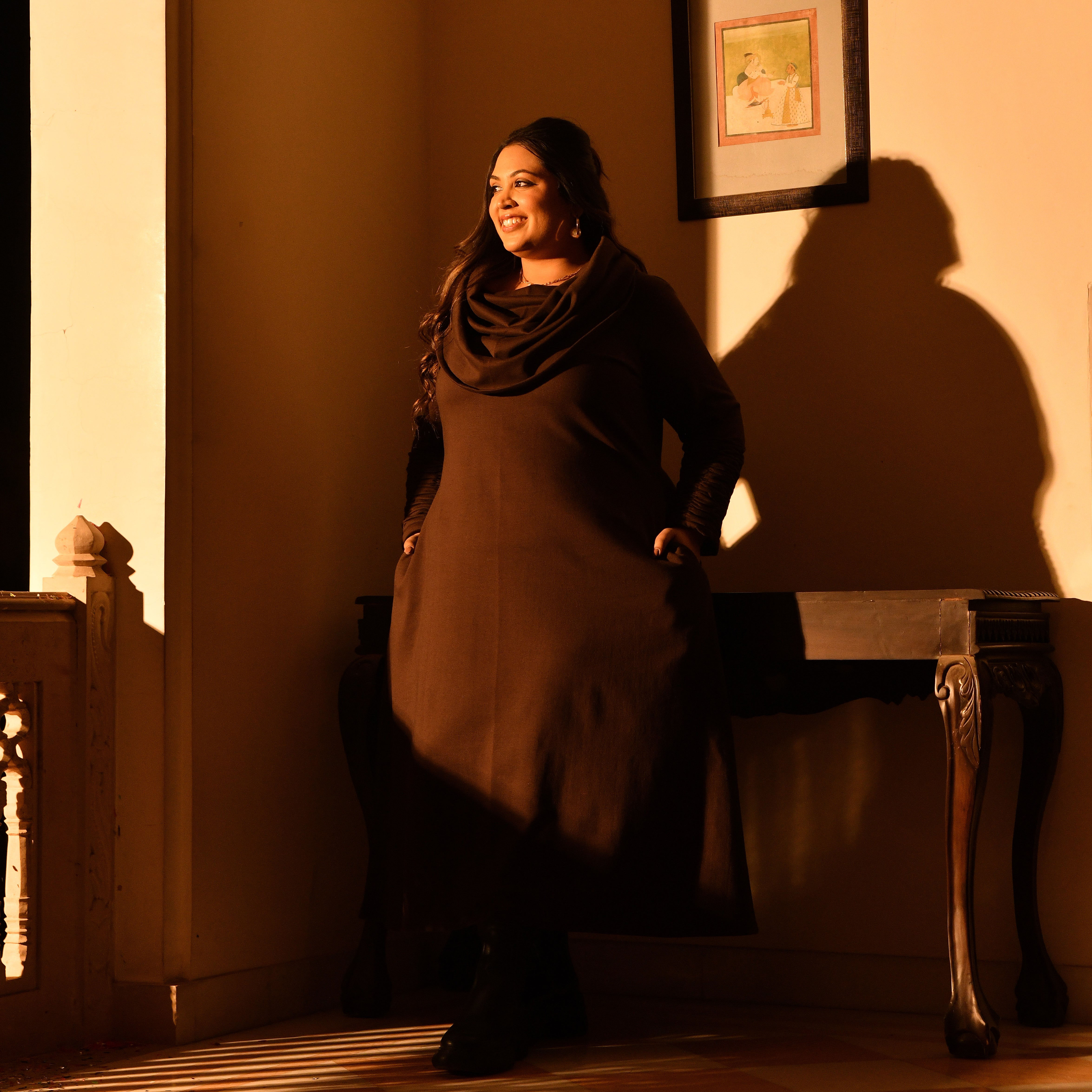 Nutella - Woollen Brown Fleece Brushed Aline Cowl Dress