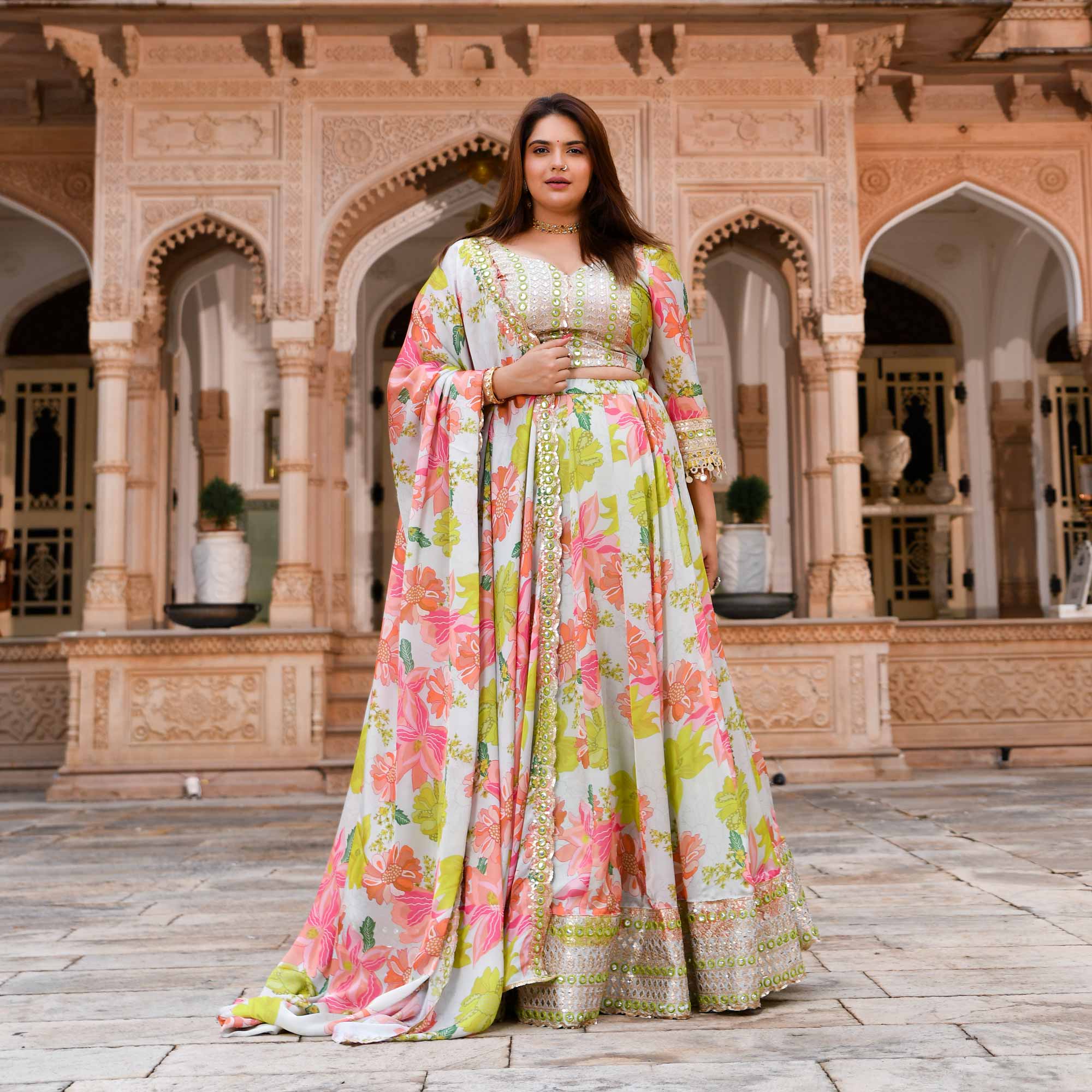 Dewy Blooms Floral Satin Embroidered Lehenga Set