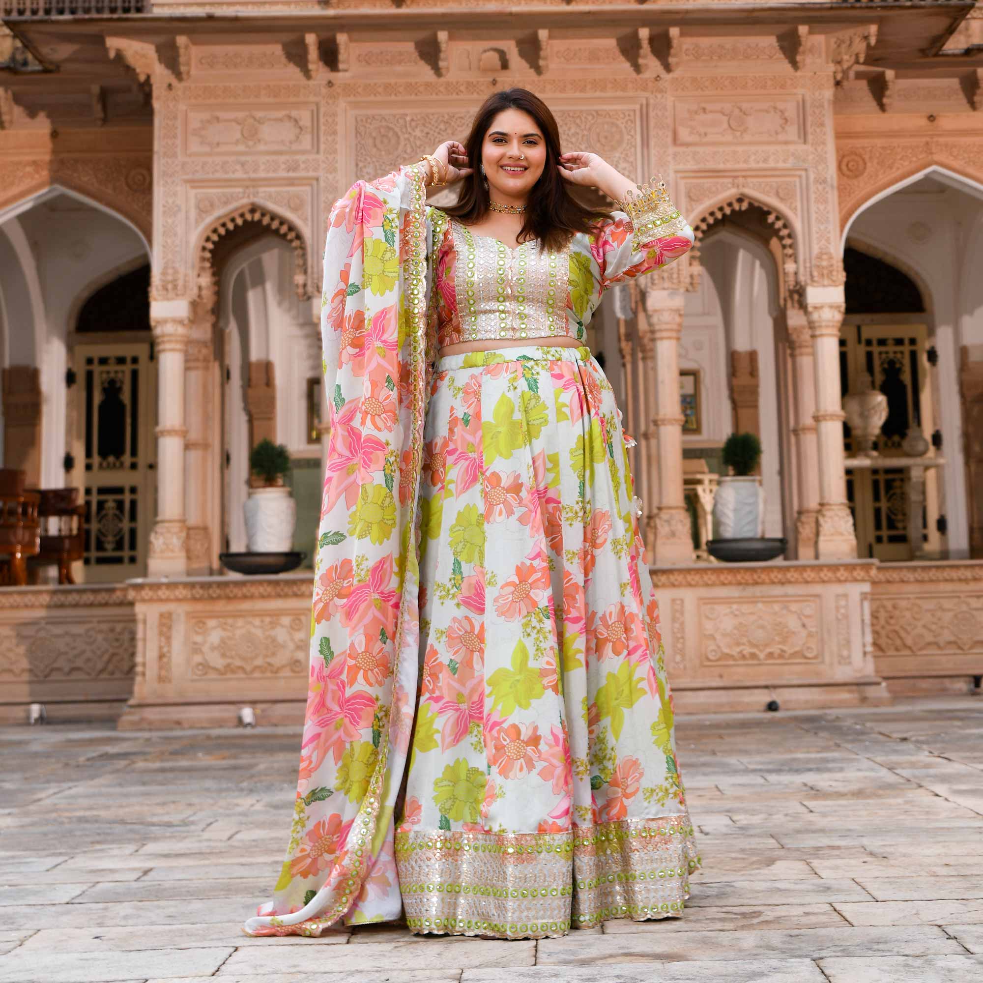 Dewy Blooms Floral Satin Embroidered Lehenga Set