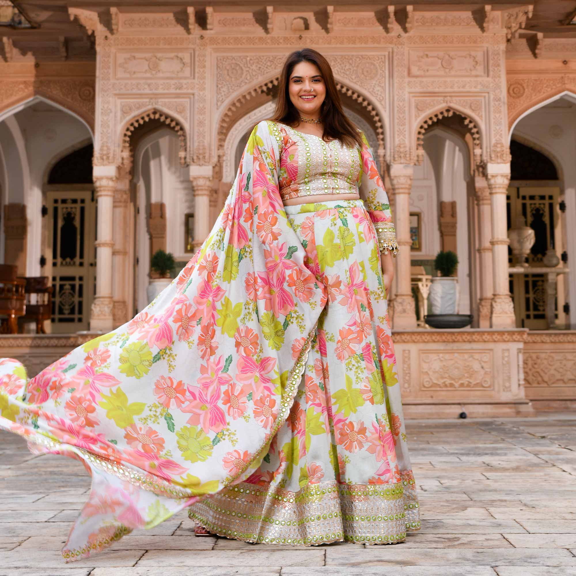 Dewy Blooms Floral Satin Embroidered Lehenga Set