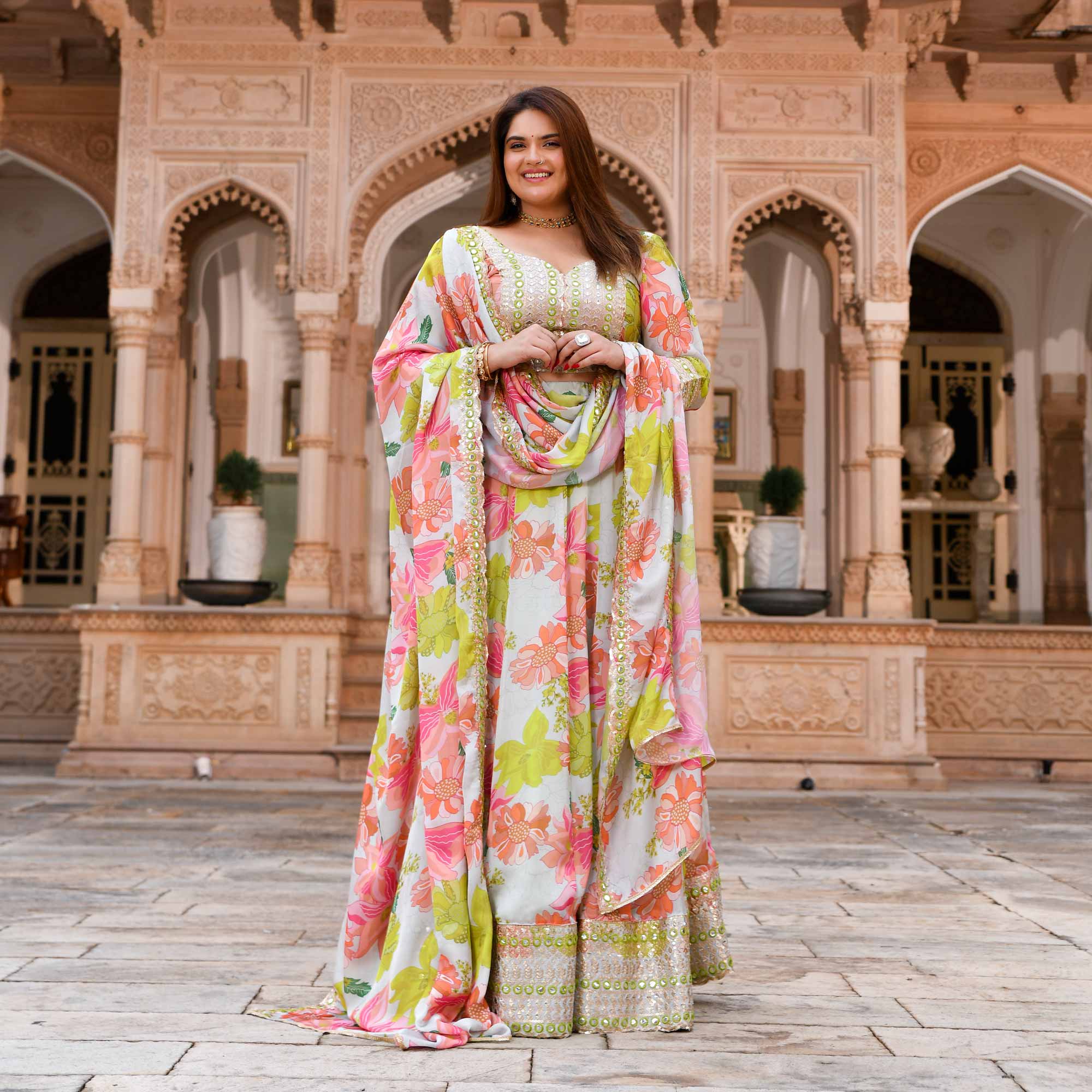 Dewy Blooms Floral Satin Embroidered Lehenga Set