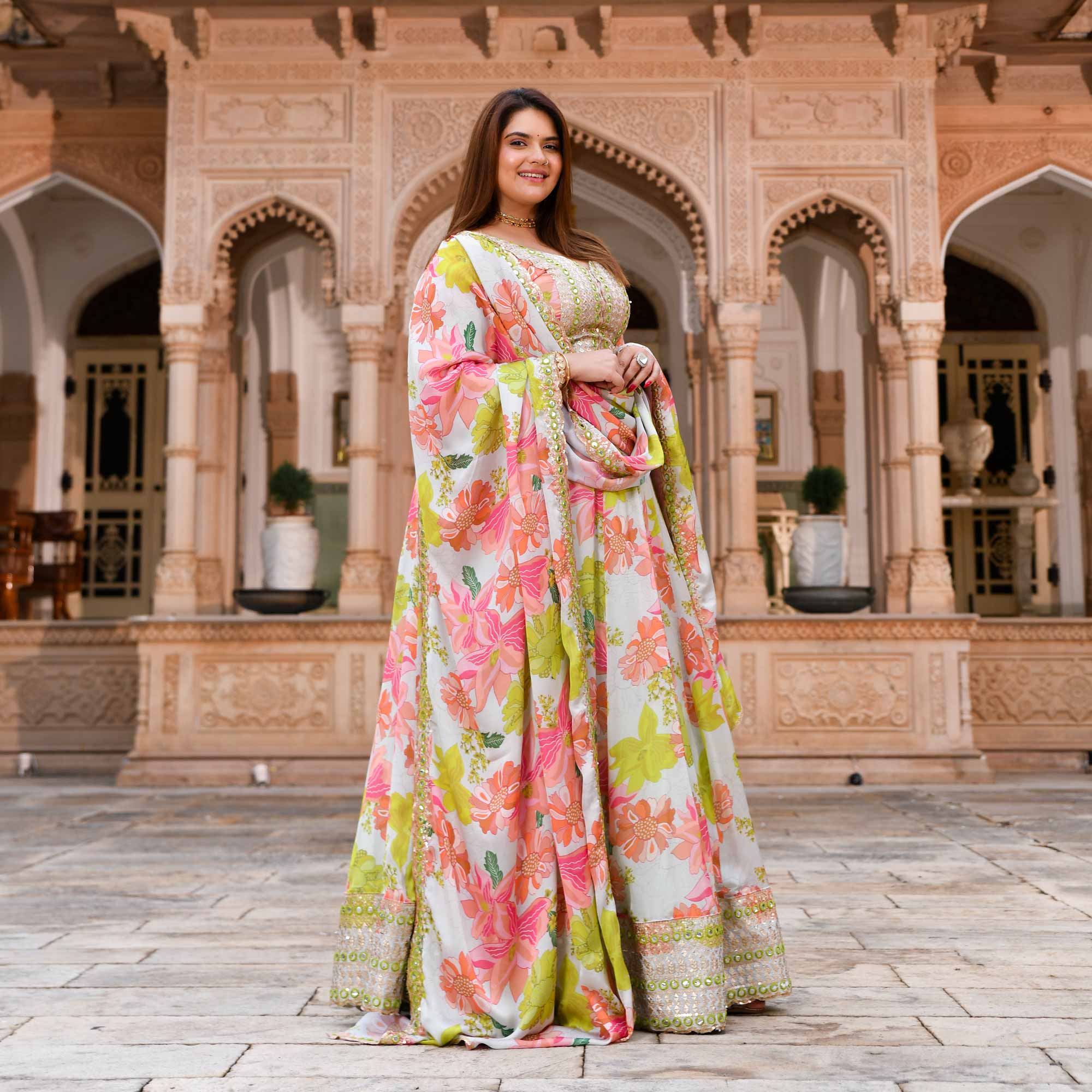 Dewy Blooms Floral Satin Embroidered Lehenga Set