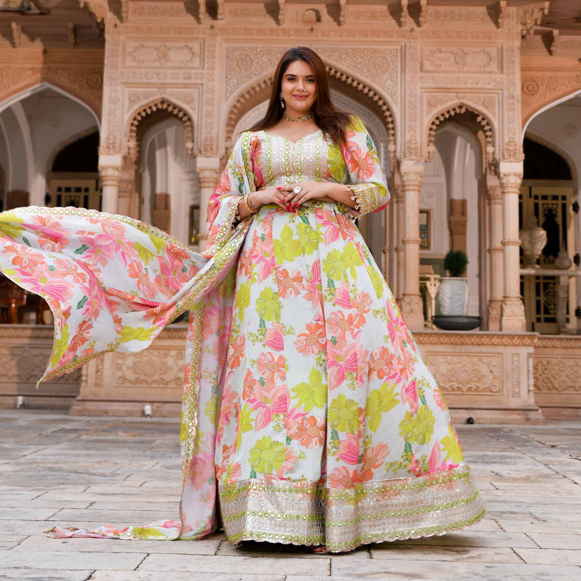 Dewy Blooms Floral Satin Embroidered Lehenga Set