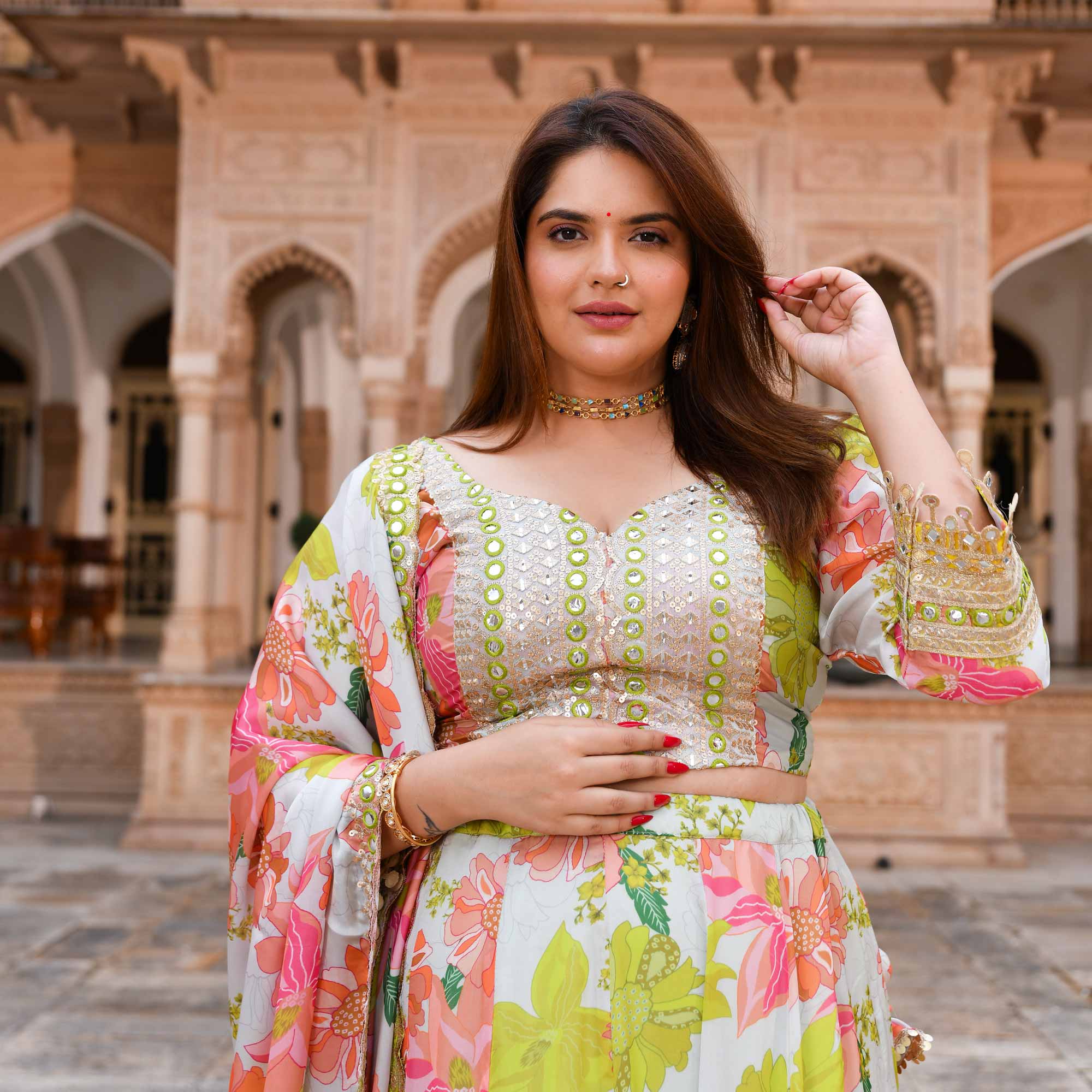 Dewy Blooms Floral Satin Embroidered Lehenga Set