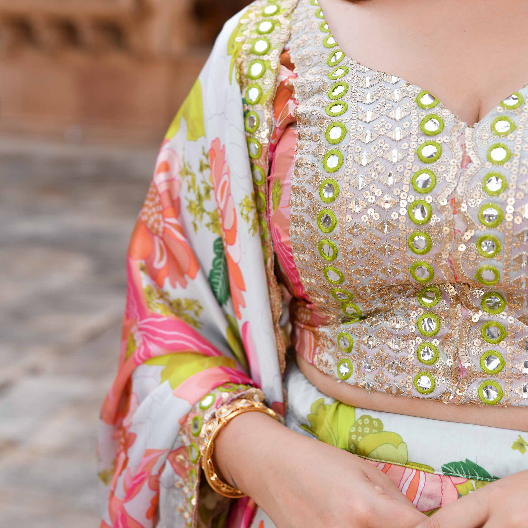 Dewy Blooms Floral Satin Embroidered Lehenga Set