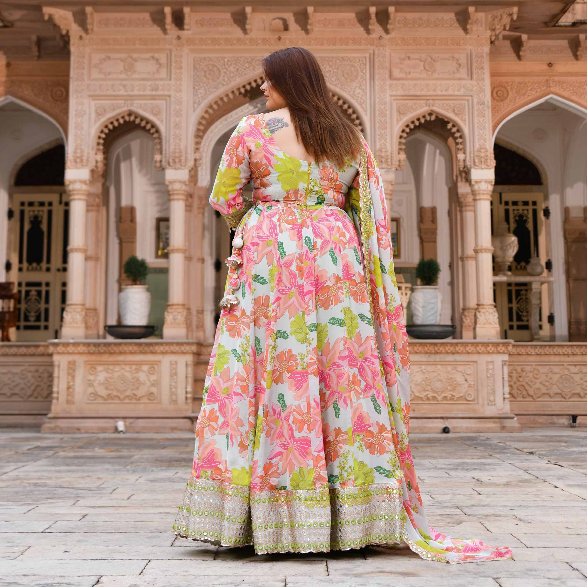 Dewy Blooms Floral Satin Embroidered Lehenga Set