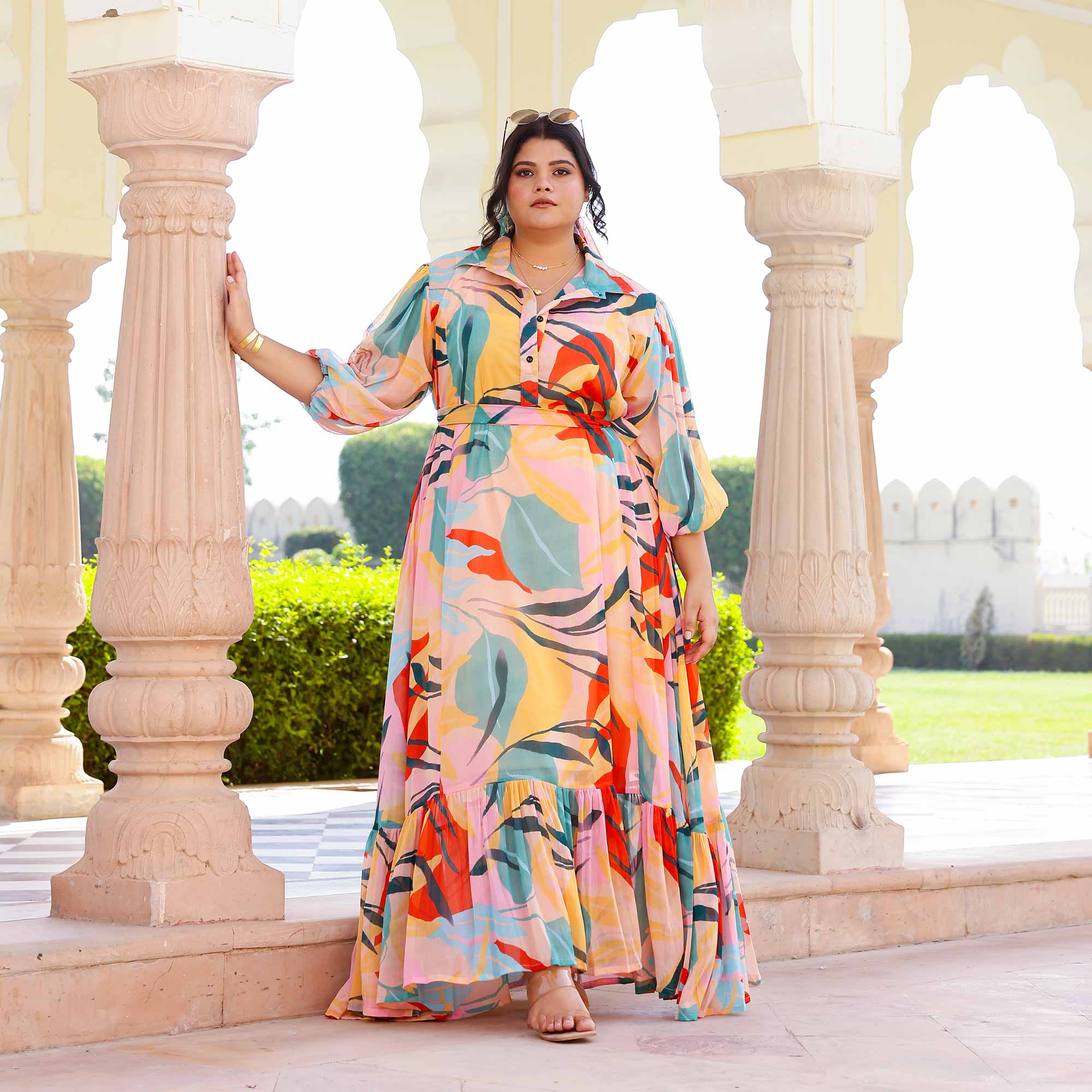 Coral Cascade Tropical Chiffon Dress