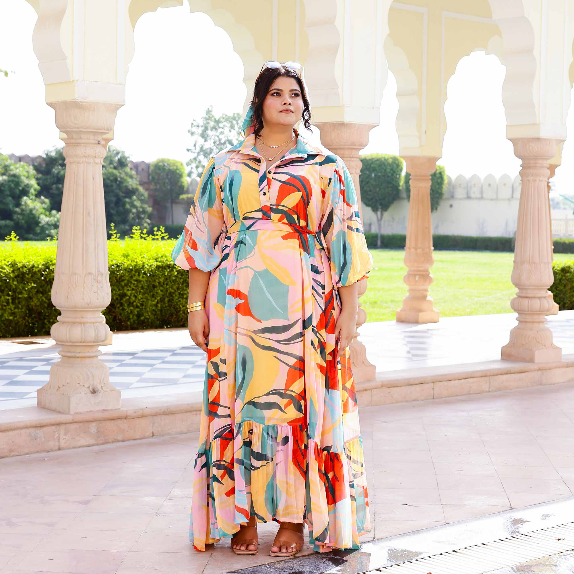 Coral Cascade Tropical Chiffon Dress