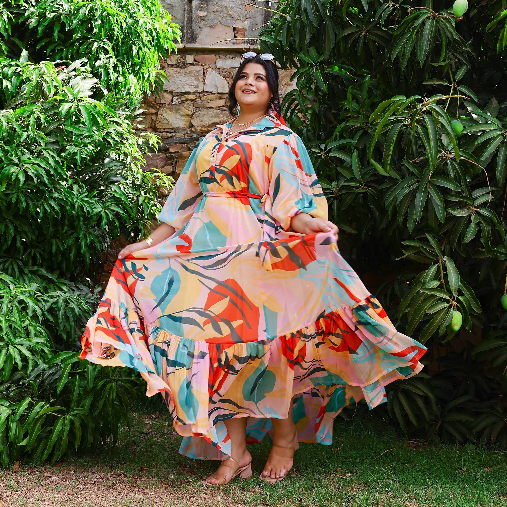 Coral Cascade Tropical Chiffon Dress