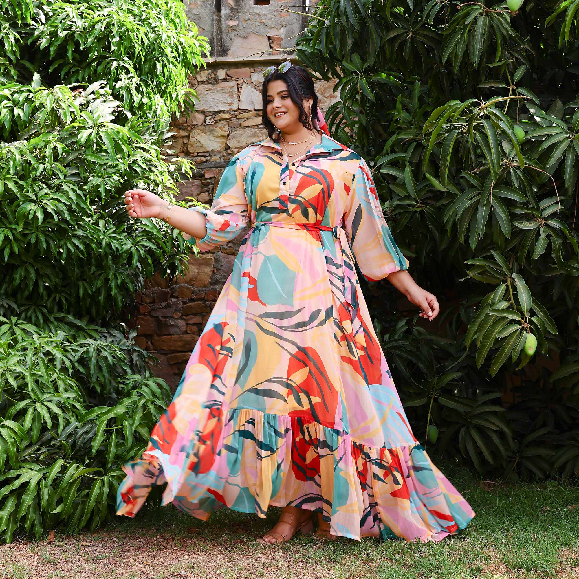 Coral Cascade Tropical Chiffon Dress