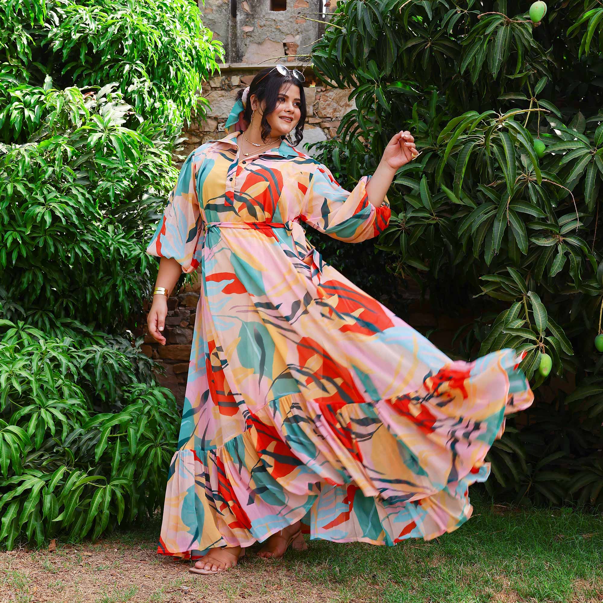 Coral Cascade Tropical Chiffon Dress