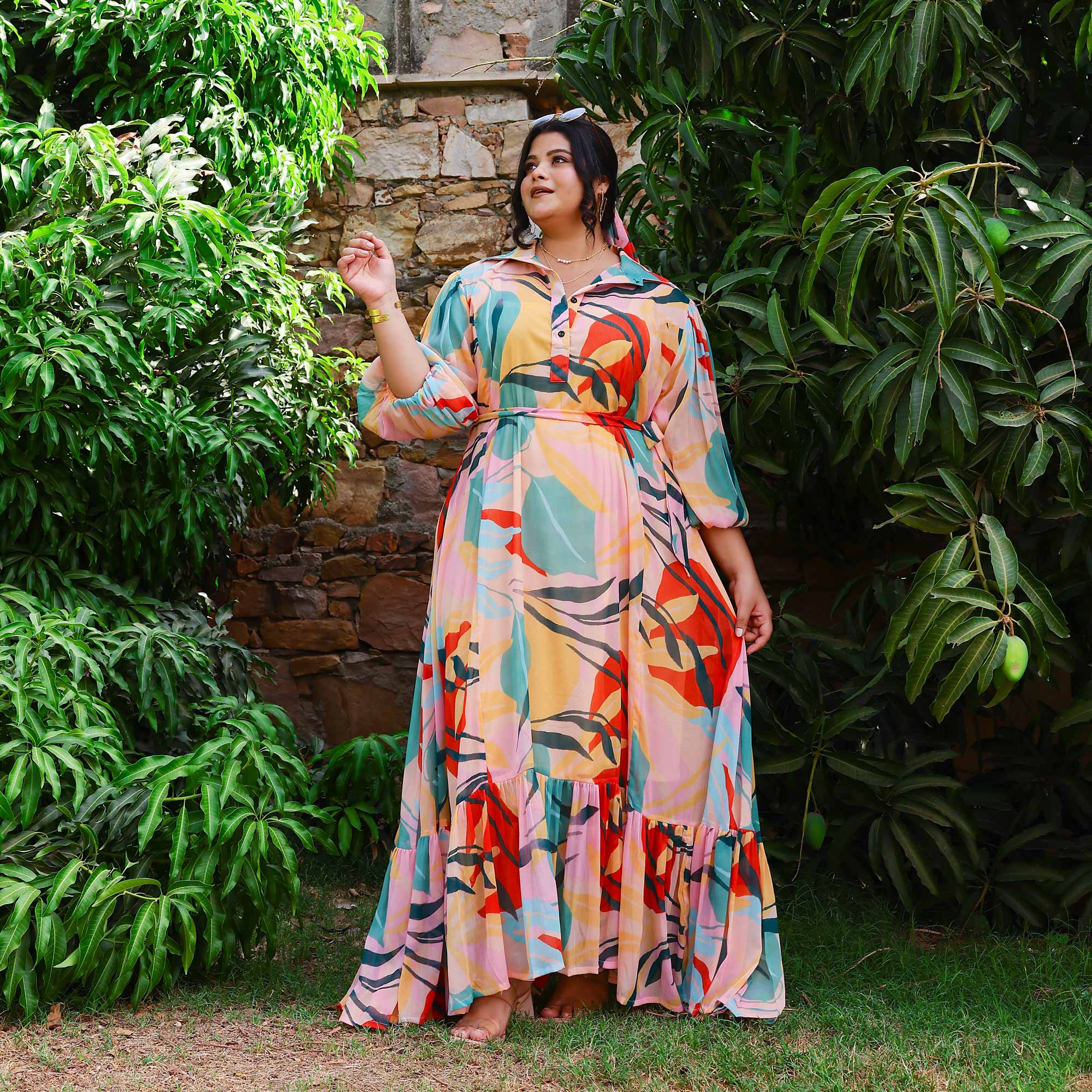 Coral Cascade Tropical Chiffon Dress