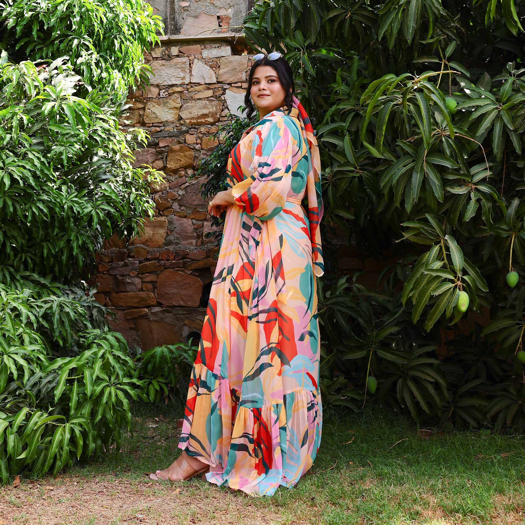 Coral Cascade Tropical Chiffon Dress