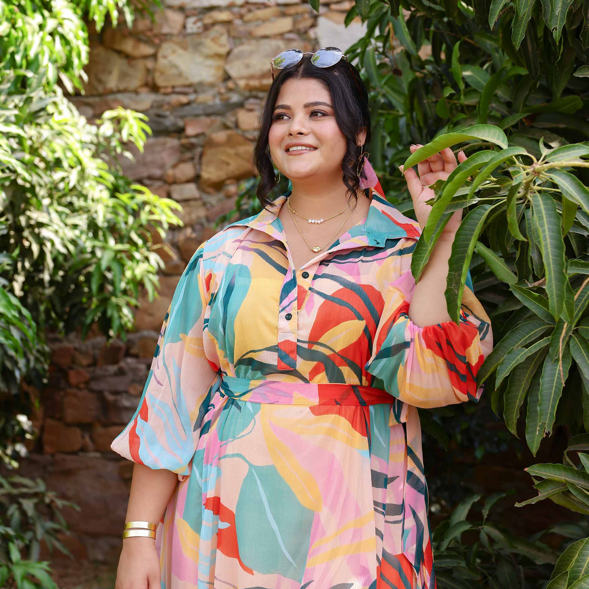 Coral Cascade Tropical Chiffon Dress