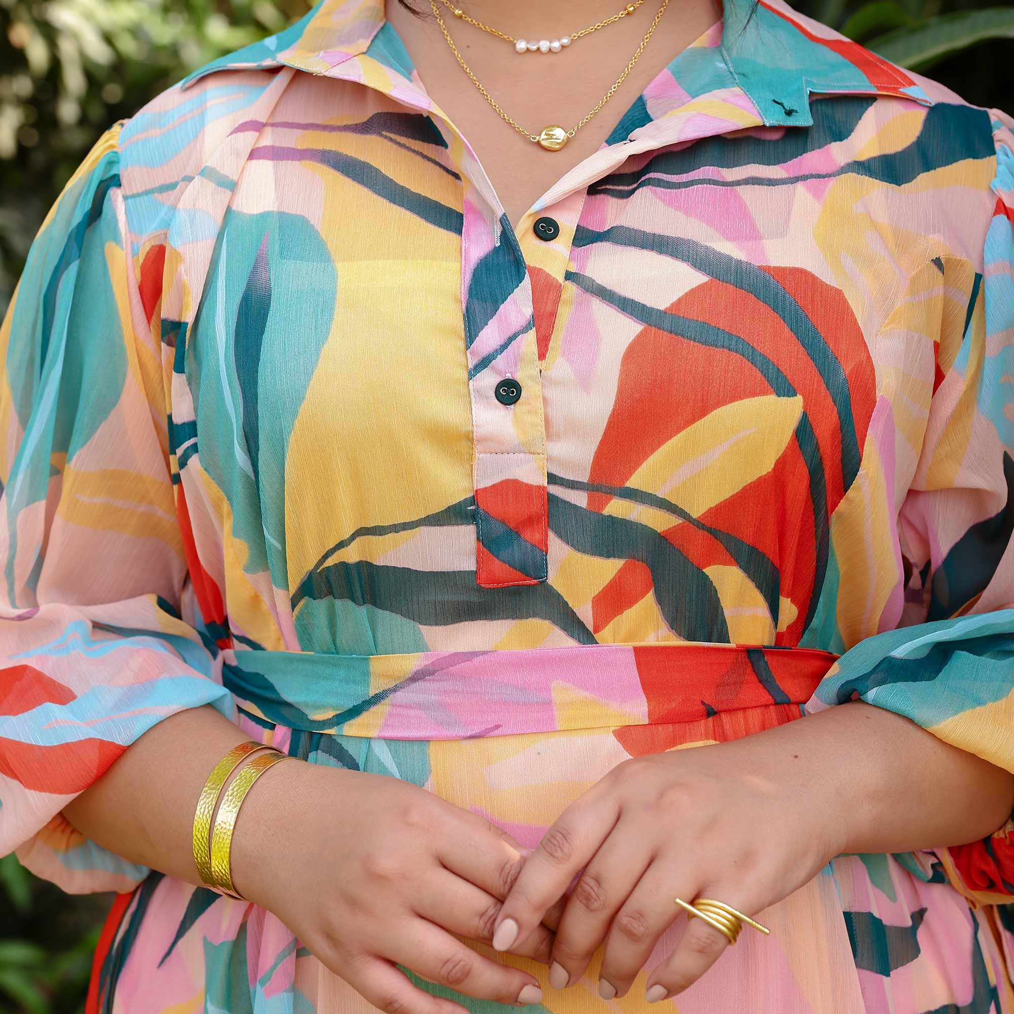 Coral Cascade Tropical Chiffon Dress