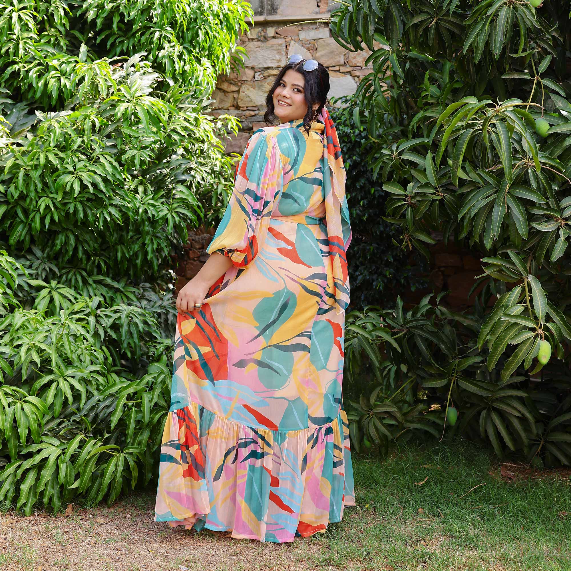 Coral Cascade Tropical Chiffon Dress