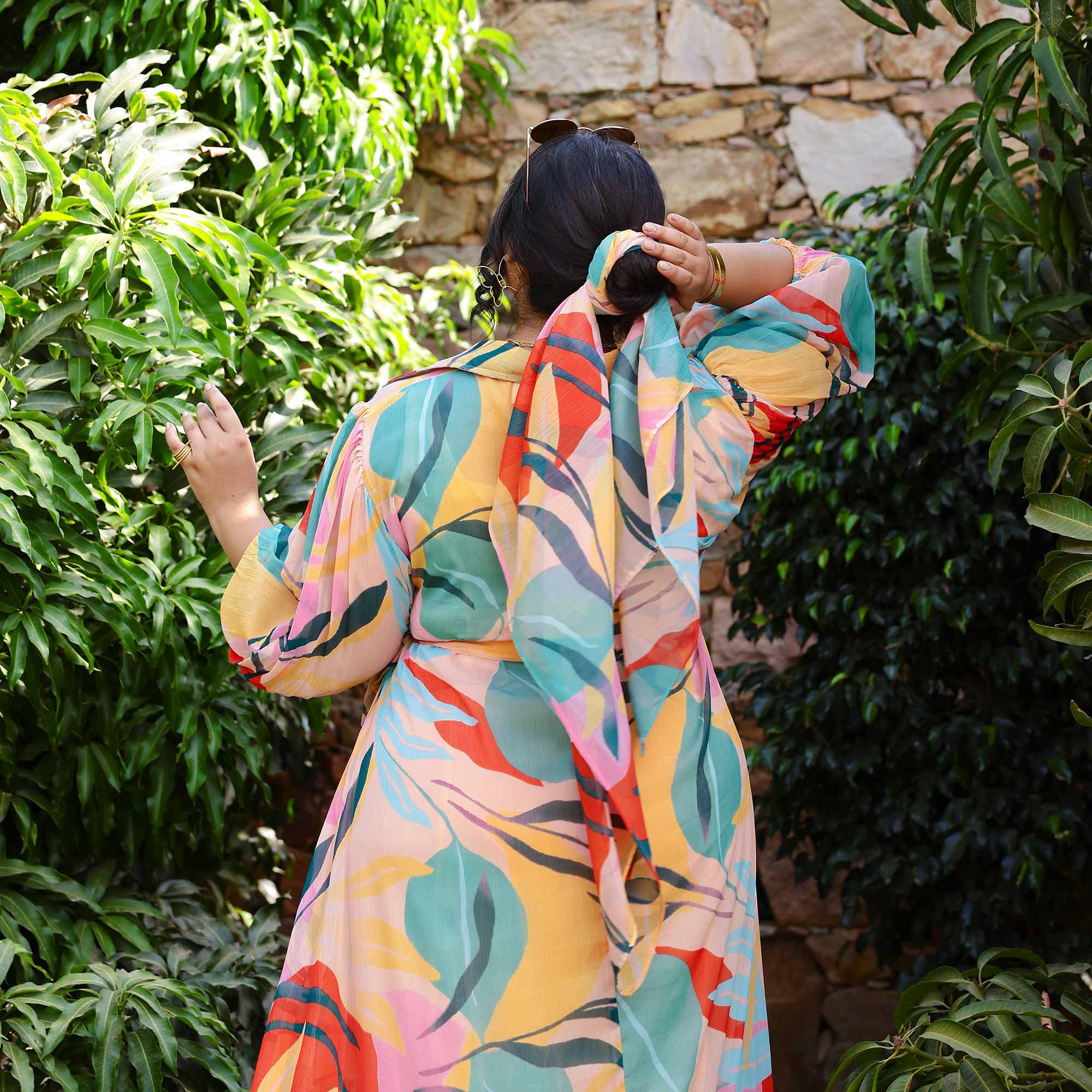 Coral Cascade Tropical Chiffon Dress