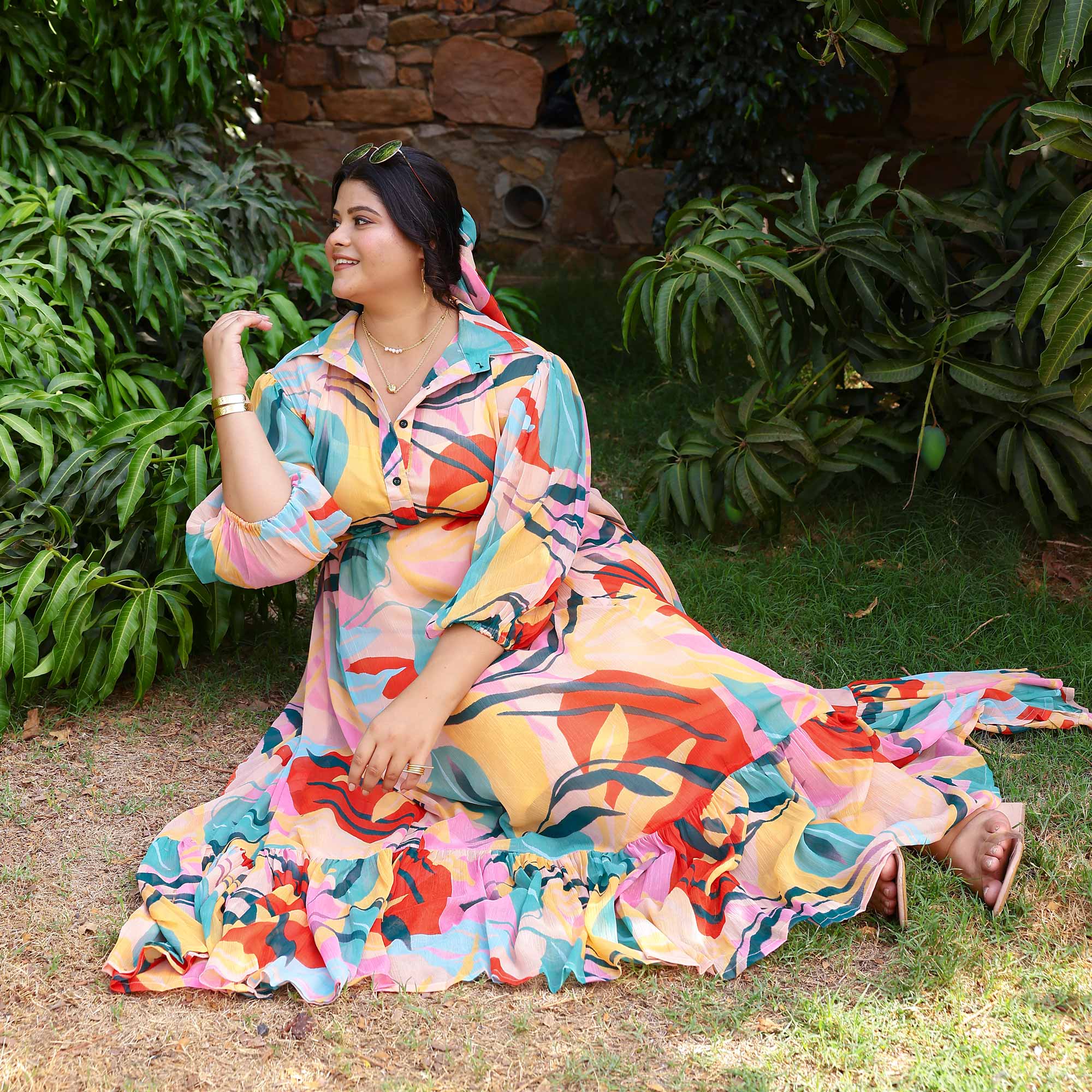 Coral Cascade Tropical Chiffon Dress