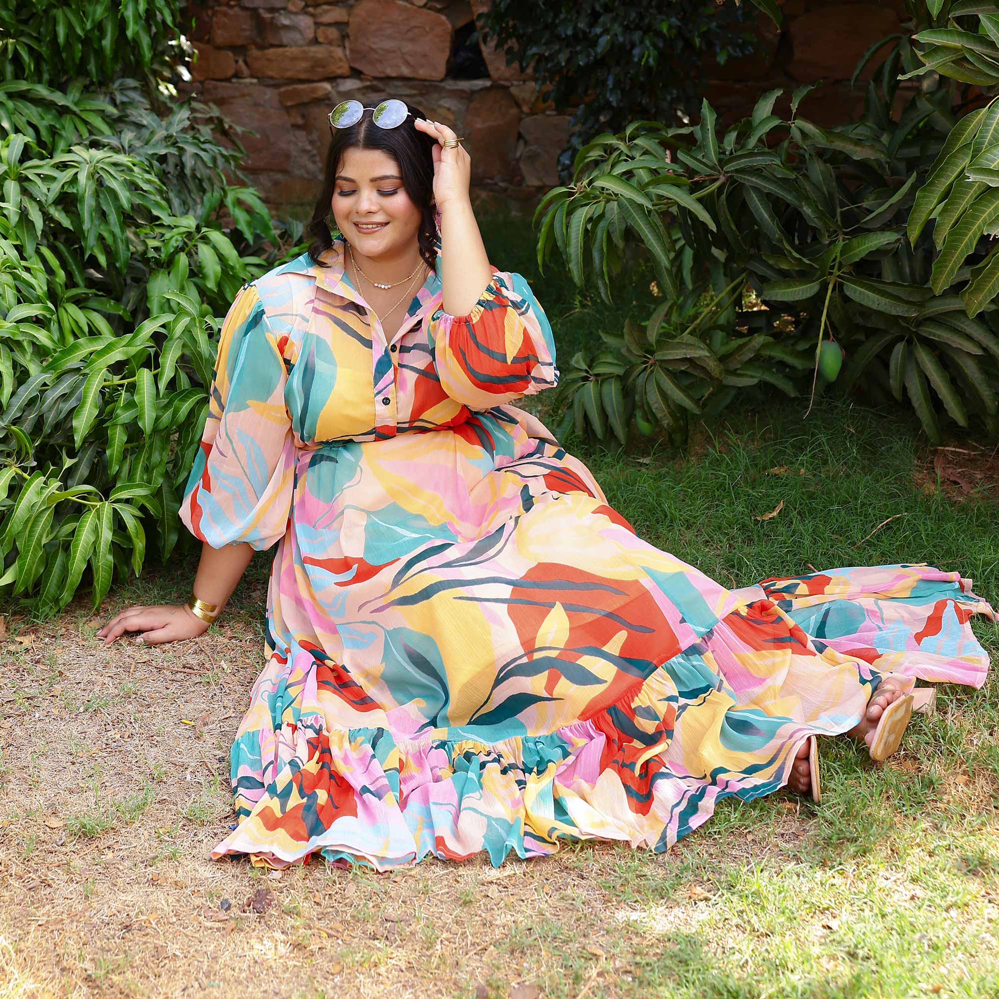 Coral Cascade Tropical Chiffon Dress