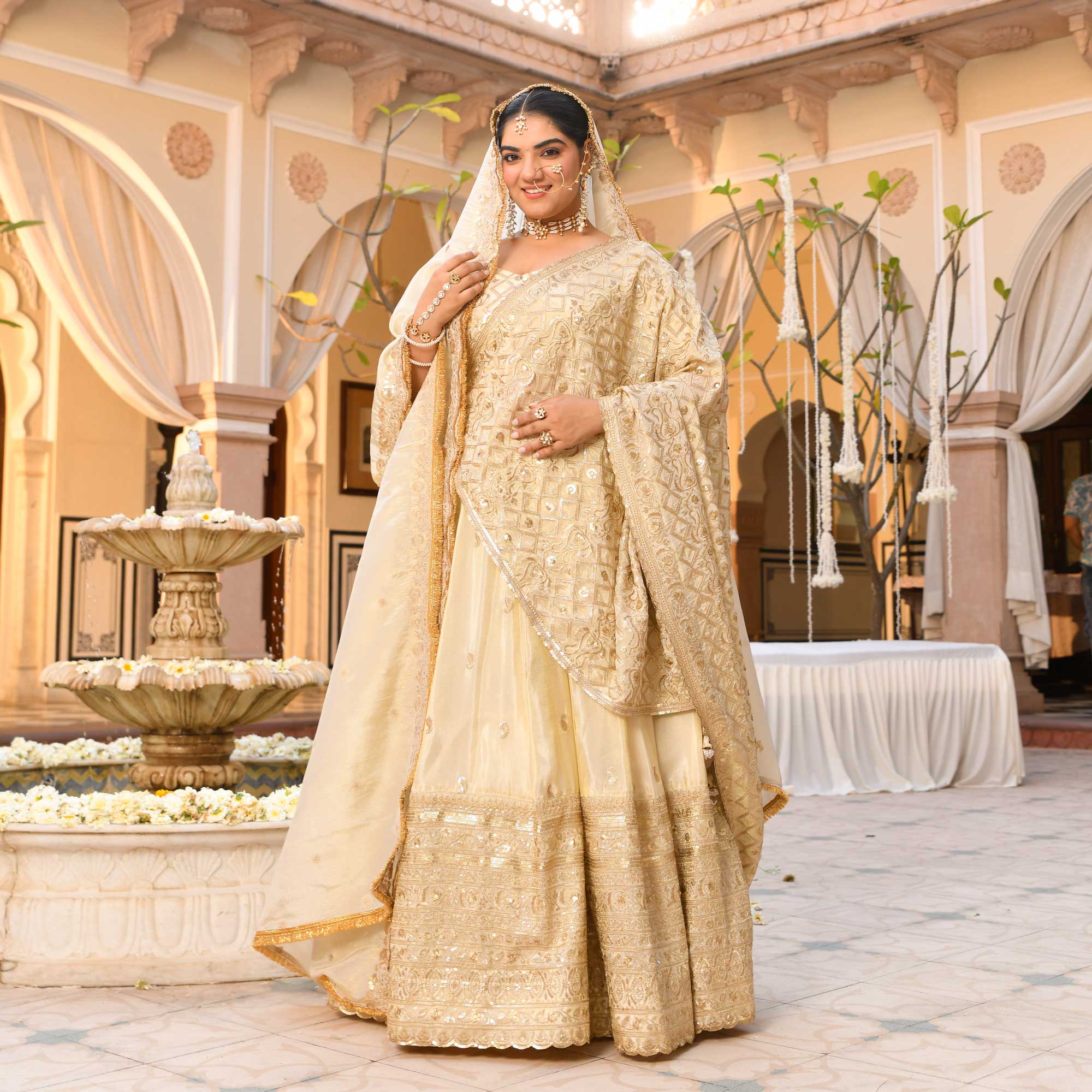 RANJHNA- Ivory & Gold Sequin Embroidered Pure Tissue Silk Lehenga Set
