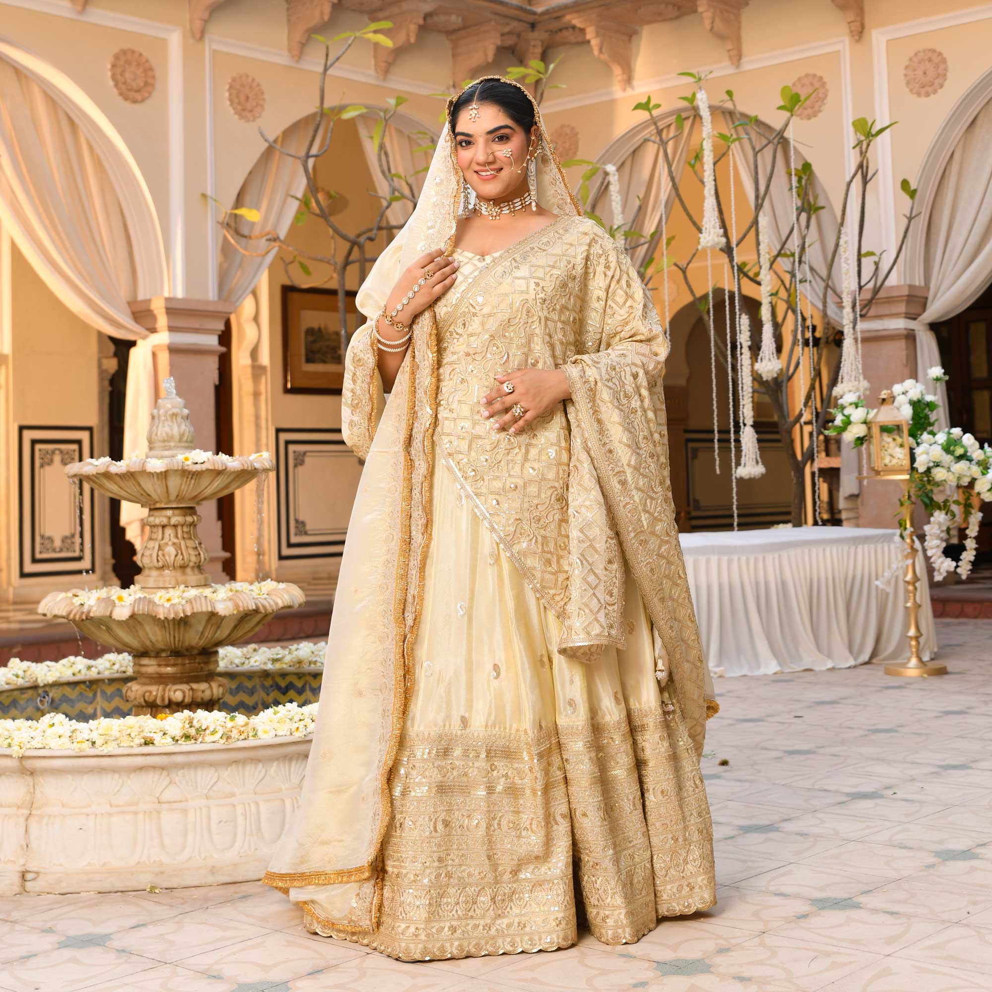 RANJHNA- Ivory & Gold Sequin Embroidered Pure Tissue Silk Lehenga Set